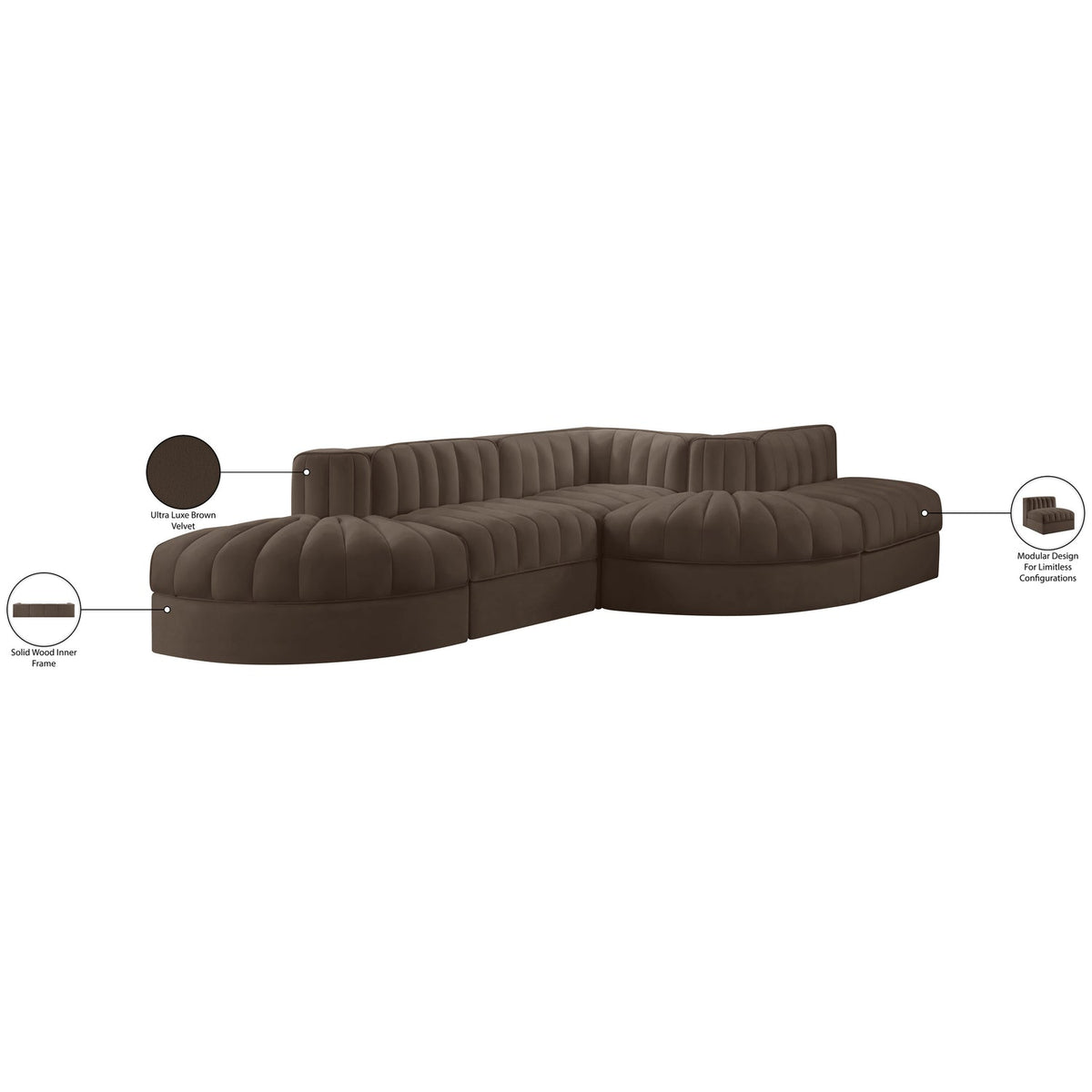 Rummi Brown Velvet Performance Fabric Upholstered 5 Piece Modular Sectional Sofa
