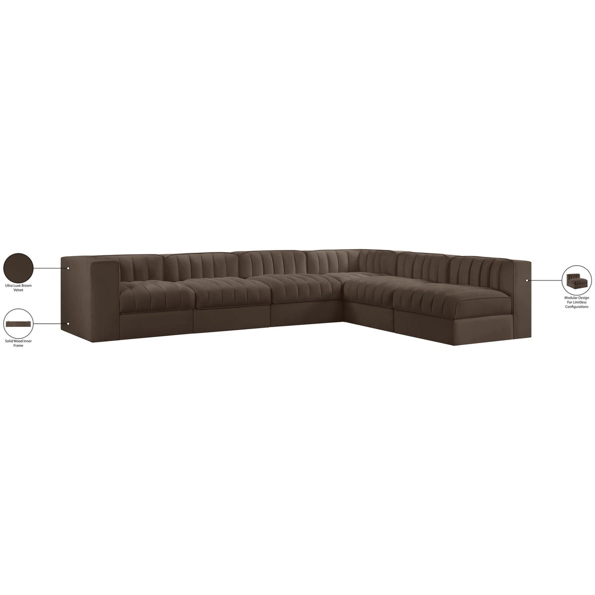 Rummi Brown Velvet Performance Fabric Upholstered 6 Piece Modular Sectional Sofa