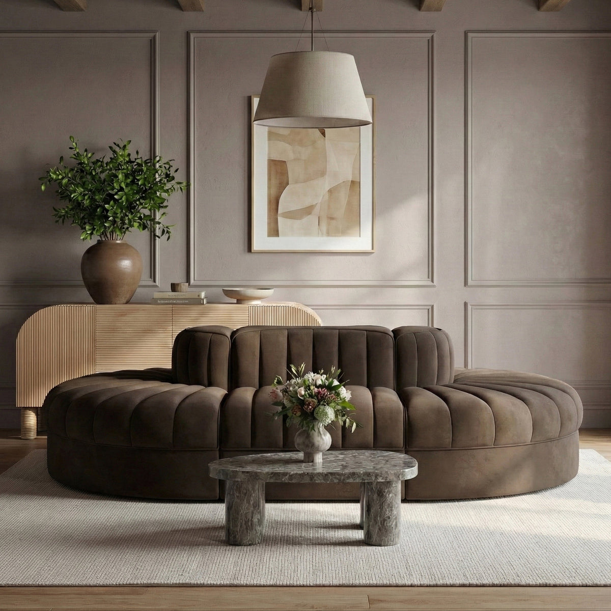 Rummi Brown Velvet Performance Fabric Upholstered 6 Piece Modular Sectional Sofa