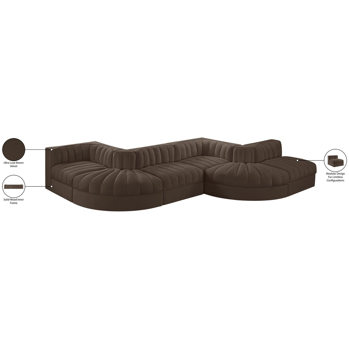 Rummi Brown Velvet Performance Fabric Upholstered 6 Piece Modular Sectional Sofa