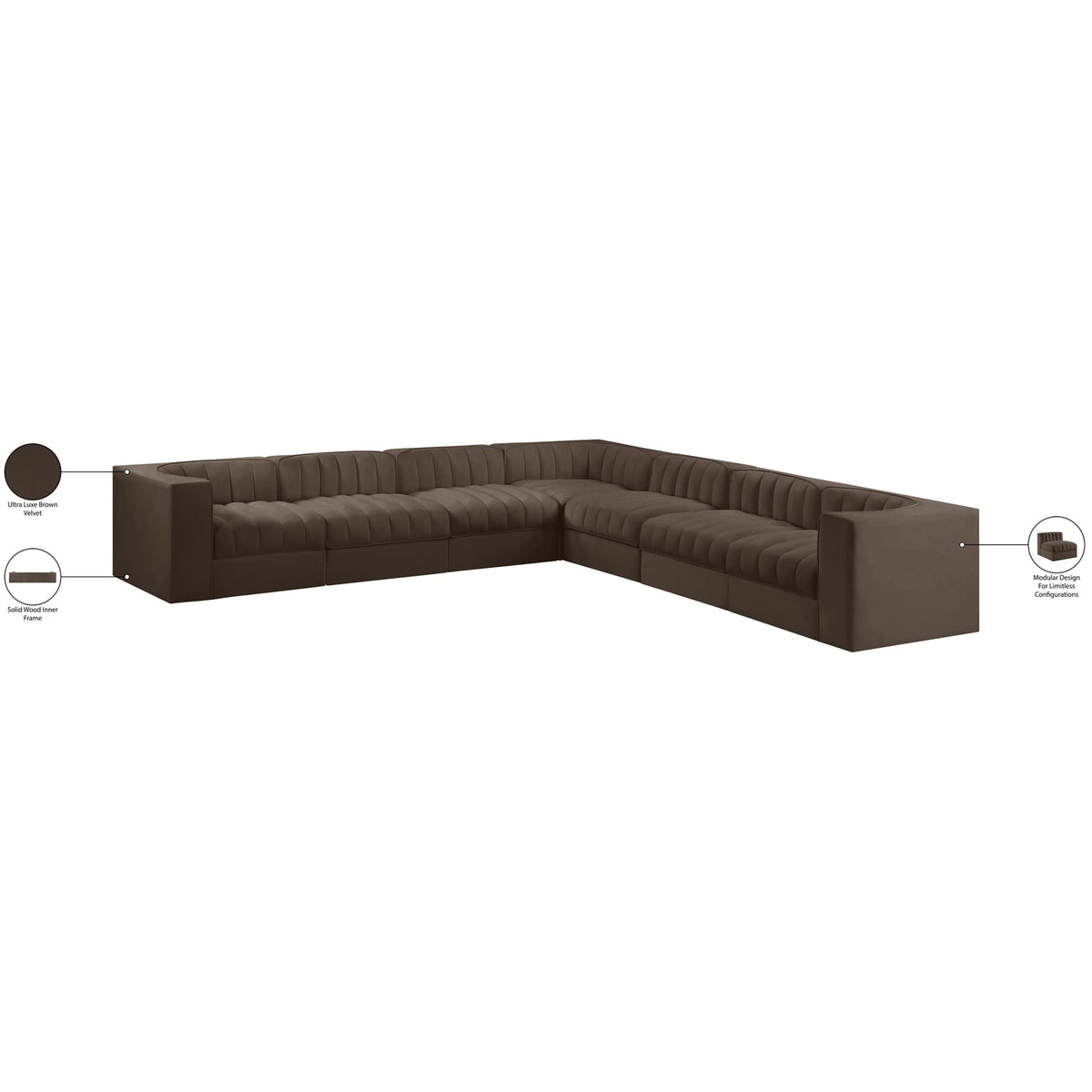Rummi Brown Velvet Performance Fabric Upholstered 7 Piece Modular Sectional Sofa