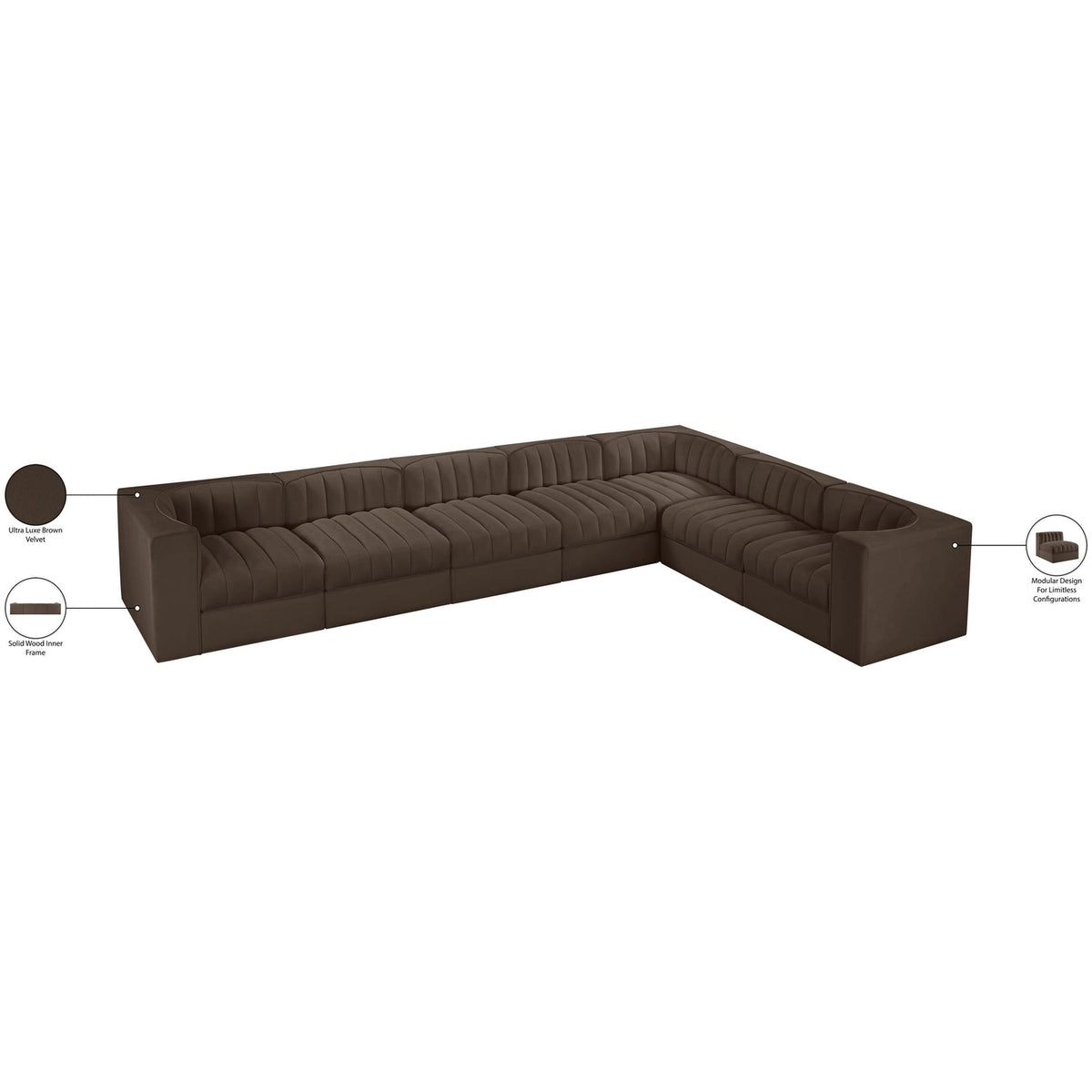 Rummi Brown Velvet Performance Fabric Upholstered 7 Piece Modular Sectional Sofa