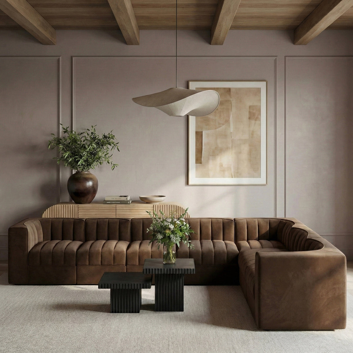Rummi Brown Velvet Performance Fabric Upholstered 7 Piece Modular Sectional Sofa