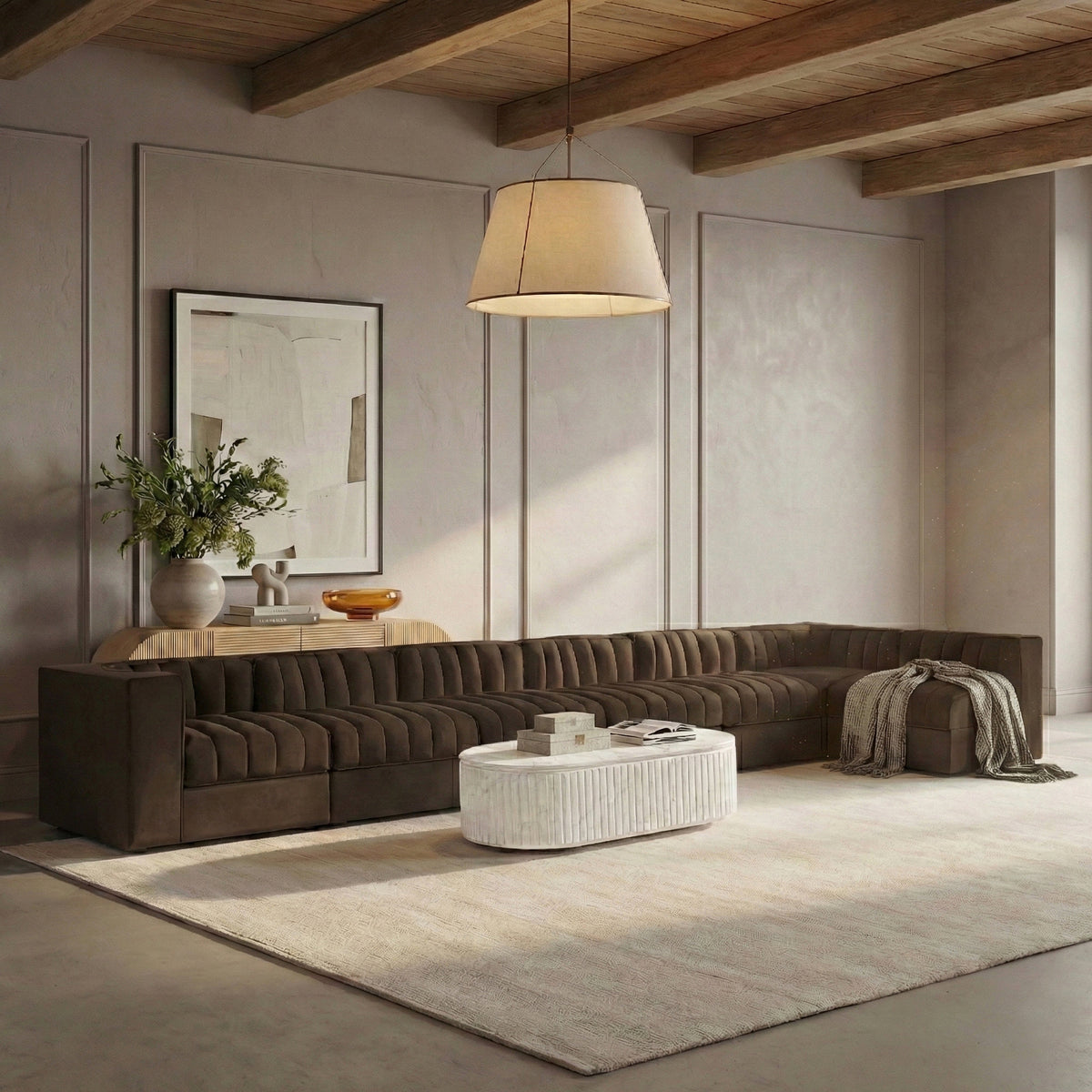 Rummi Brown Velvet Performance Fabric Upholstered 7 Piece Modular Sectional Sofa