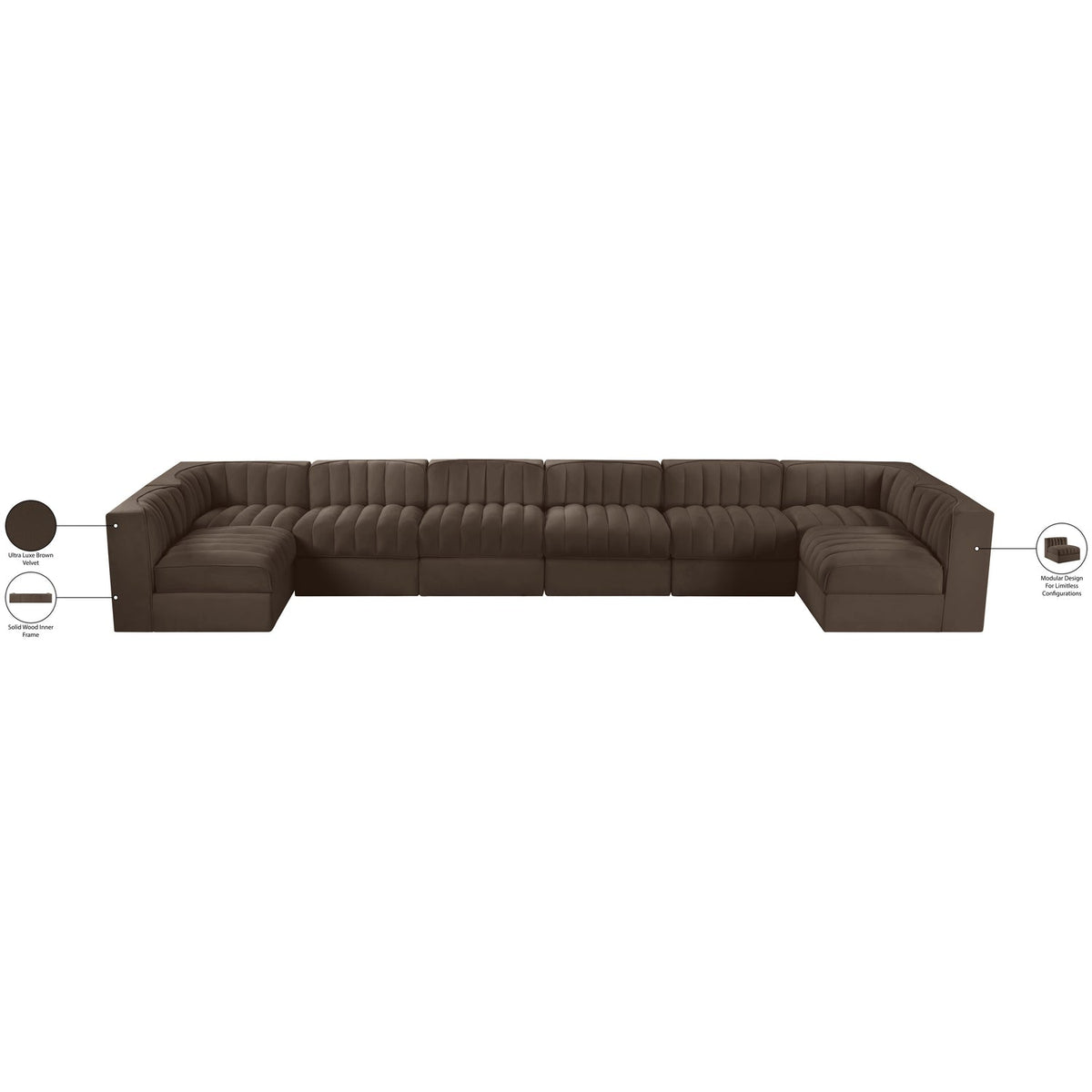 Rummi Brown Velvet Performance Fabric Upholstered 8 Piece Modular Sectional Sofa
