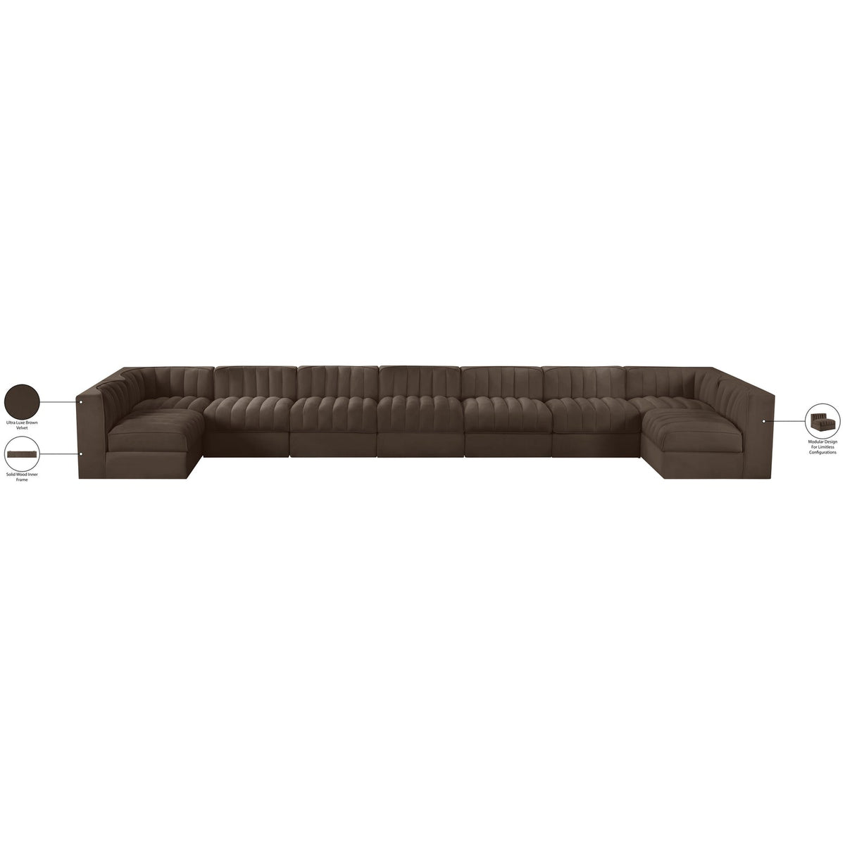 Rummi Brown Velvet Performance Fabric Upholstered 9 Piece Modular Sectional Sofa