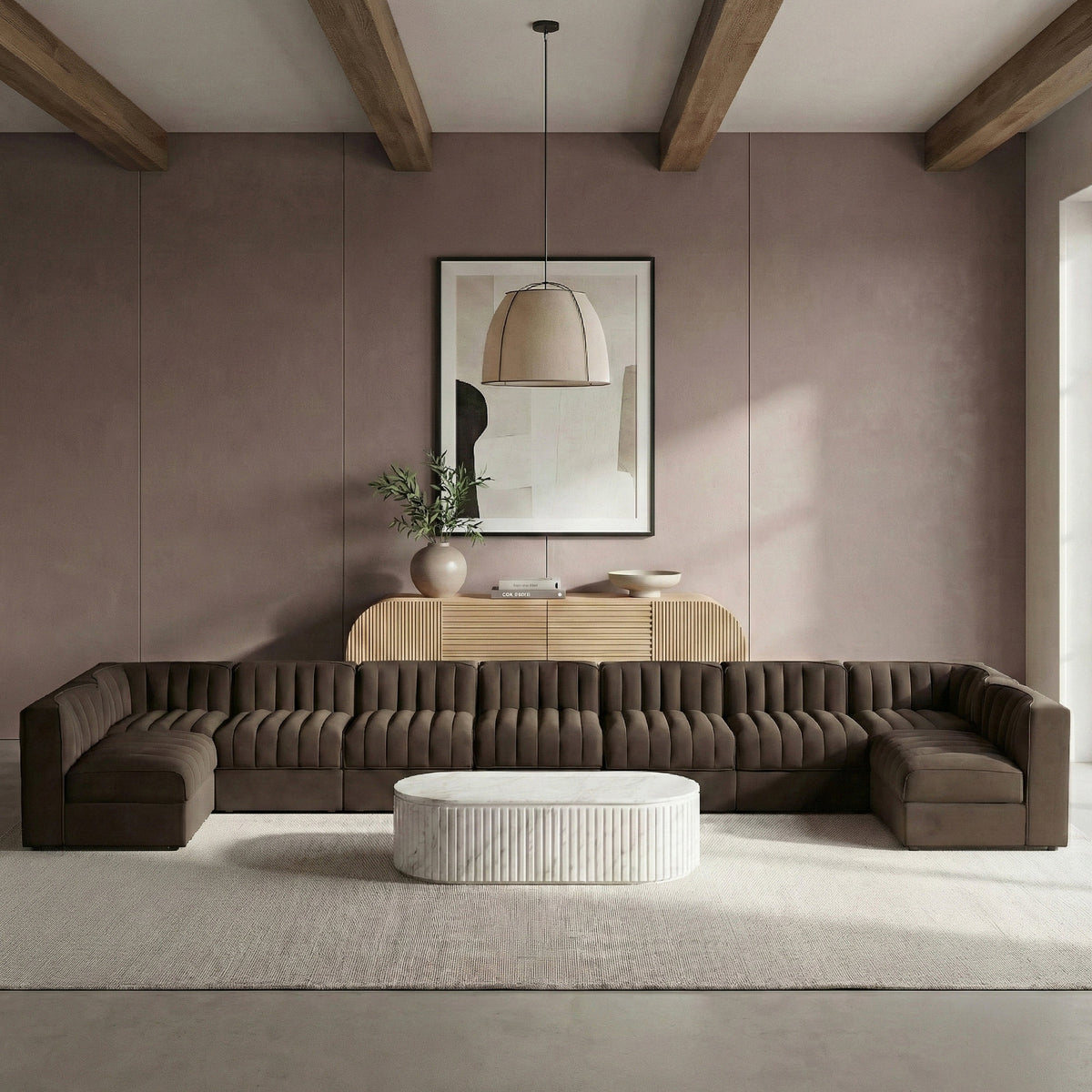Rummi Brown Velvet Performance Fabric Upholstered 9 Piece Modular Sectional Sofa