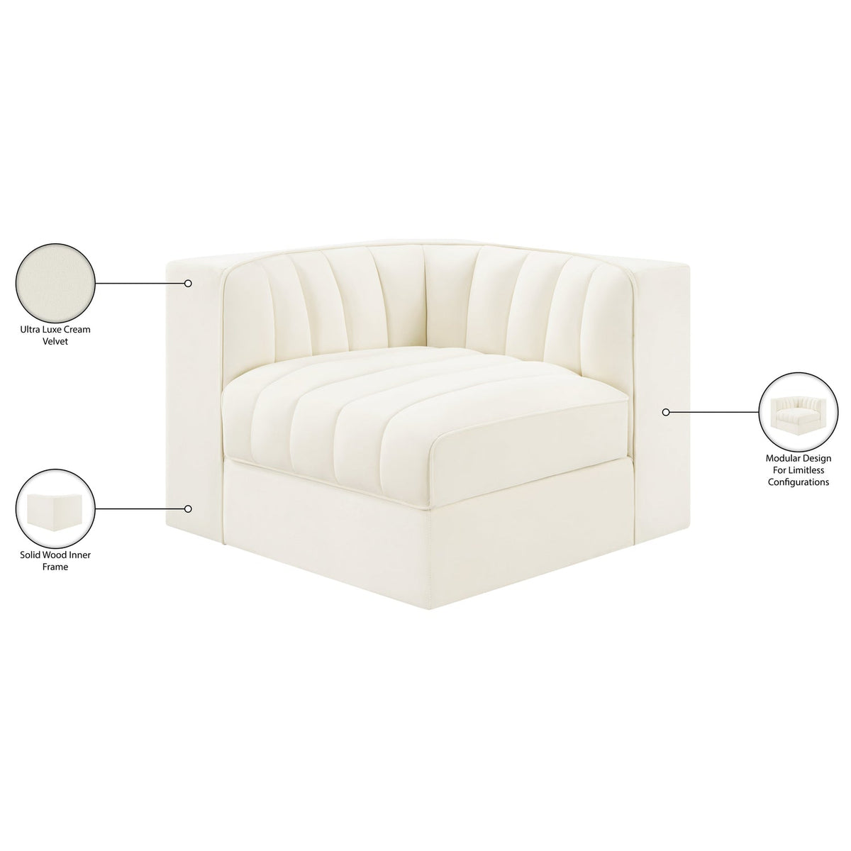 Rummi Cream Velvet Performance Fabric Upholstered Modular Chair