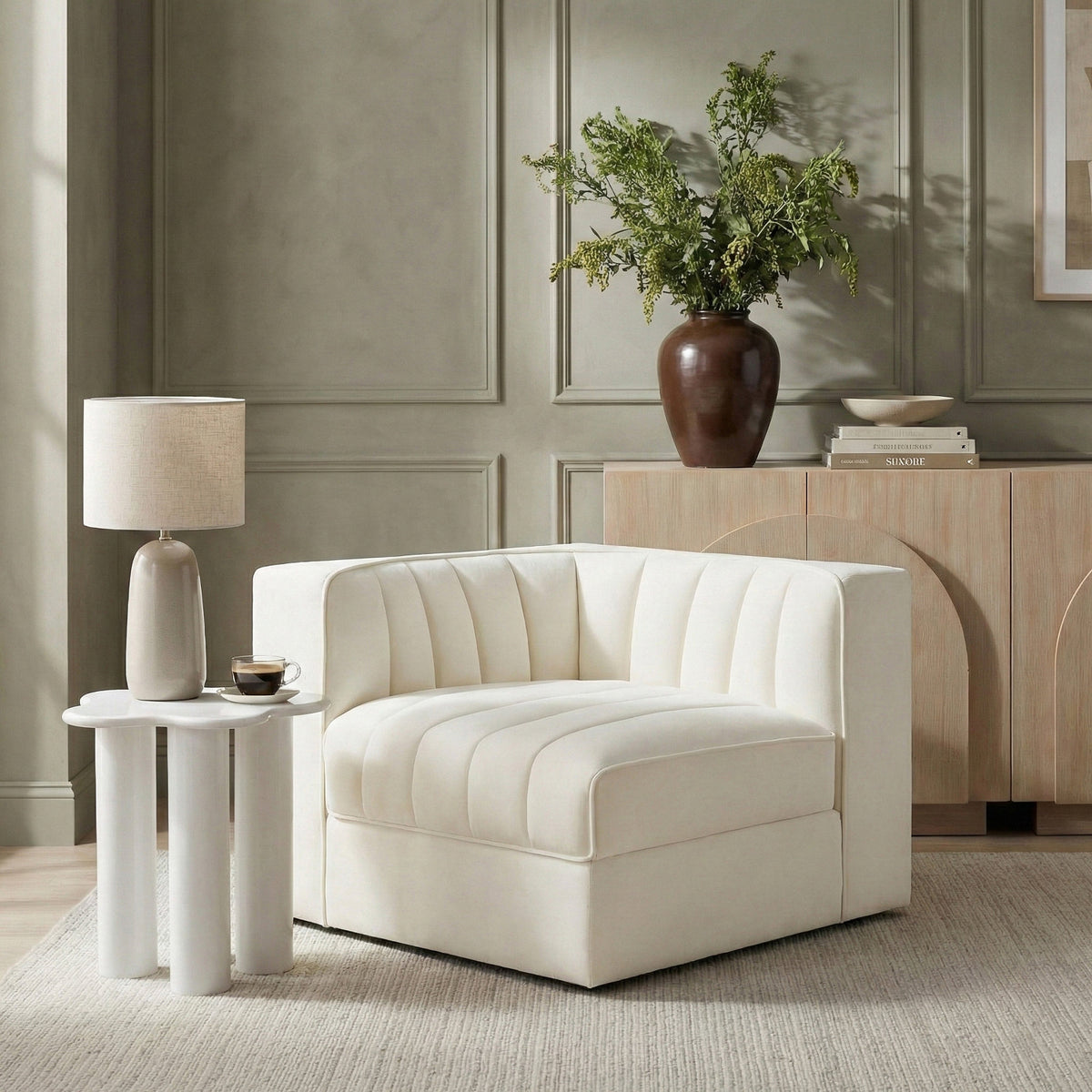 Rummi Cream Velvet Performance Fabric Upholstered Modular Chair in cream velvet, 34"W x 34"D, primary product view