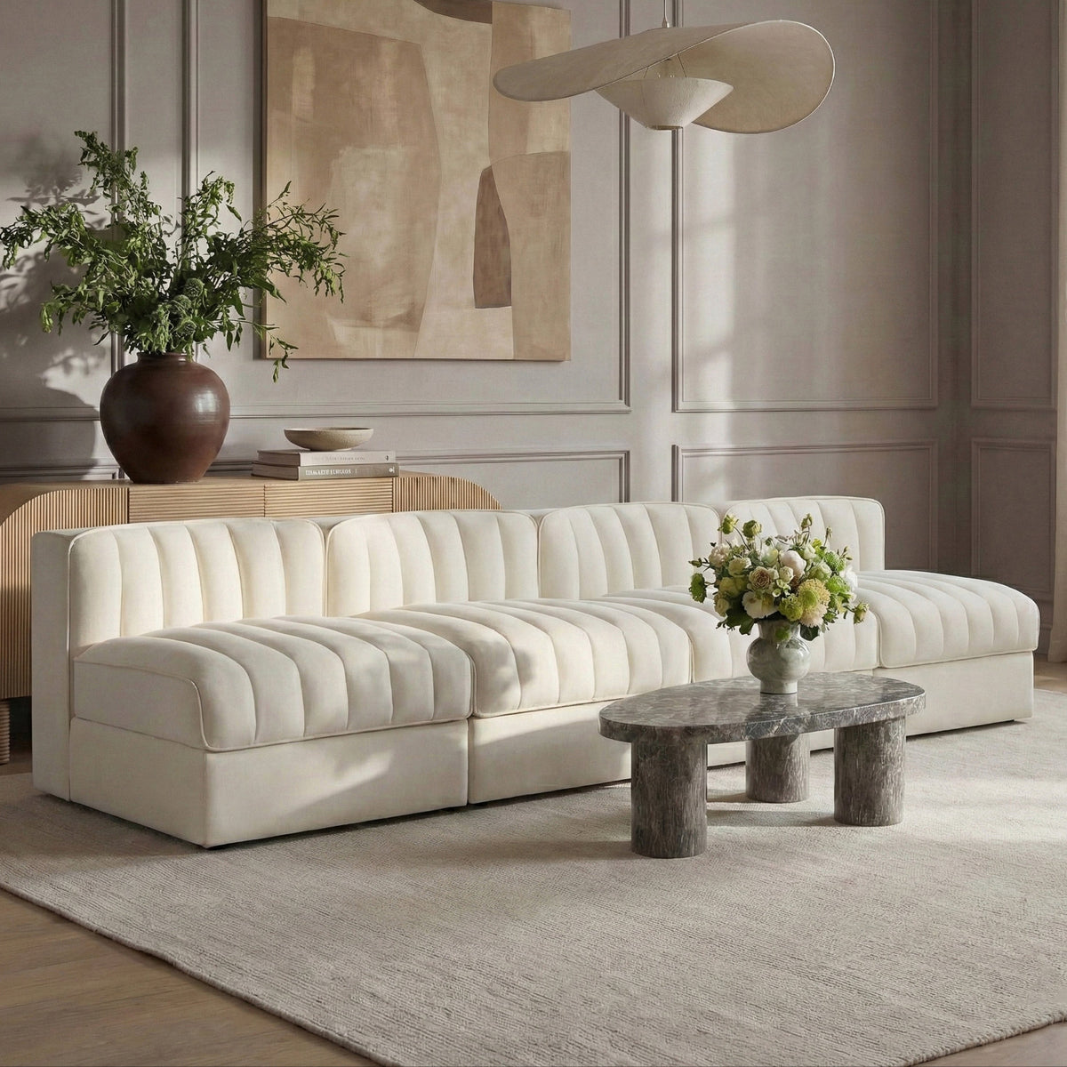 Rummi Cream Velvet Performance Fabric Upholstered 4 Piece Modular Sofa
