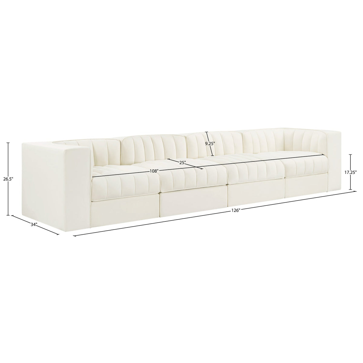 Rummi Cream Velvet Performance Fabric Upholstered 4 Piece Modular Sofa