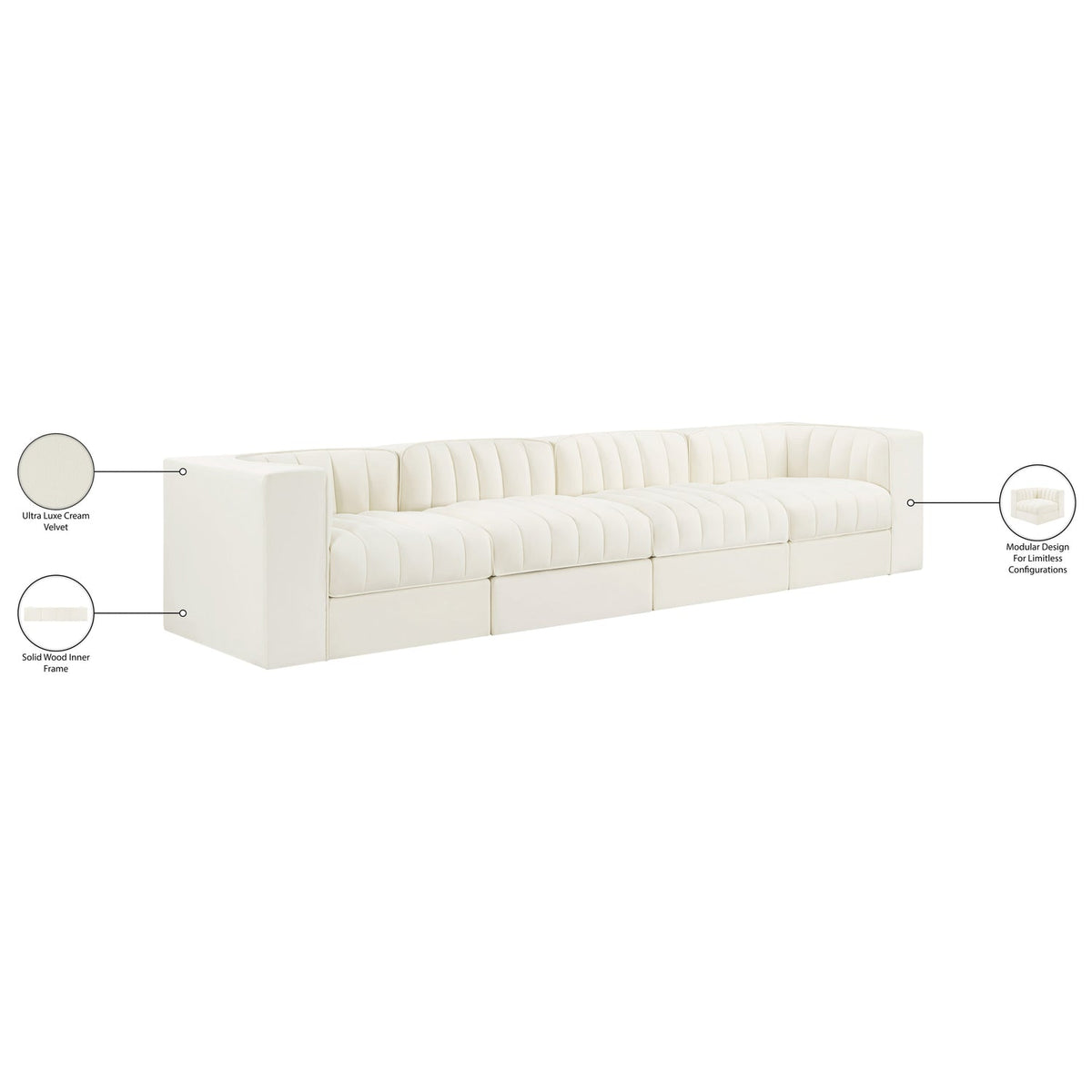 Rummi Cream Velvet Performance Fabric Upholstered 4 Piece Modular Sofa