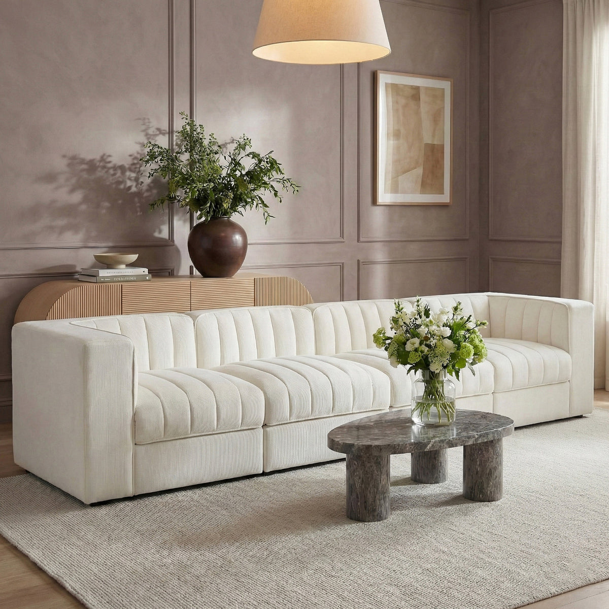Rummi Cream Velvet Performance Fabric Upholstered 4 Piece Modular Sofa