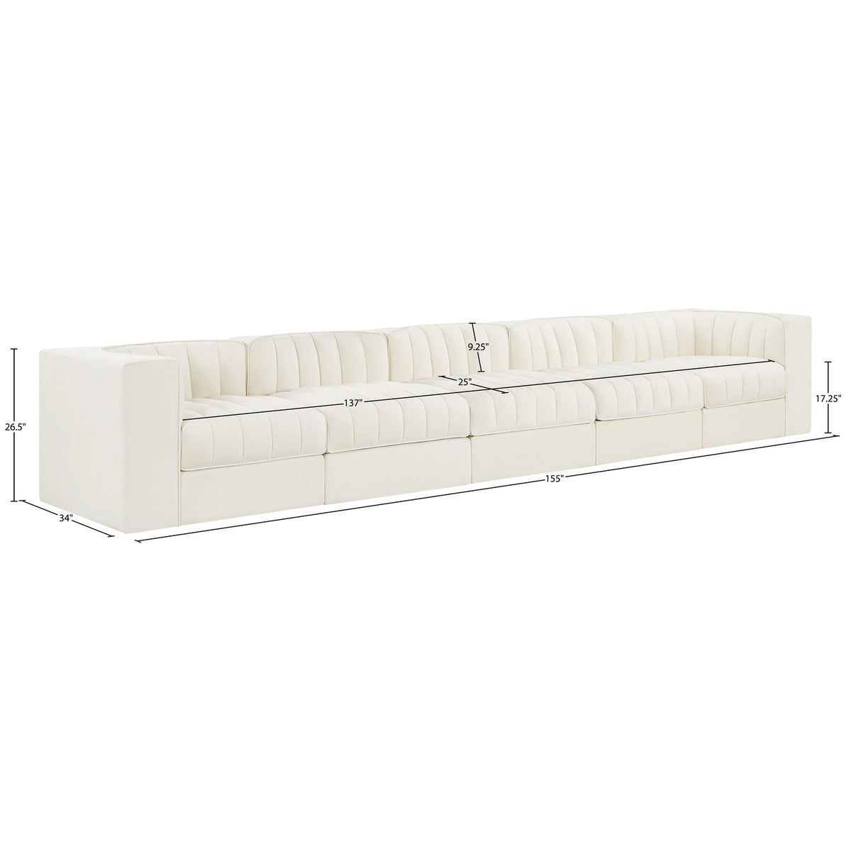 Rummi Cream Velvet Performance Fabric Upholstered 5 Piece Modular Sofa