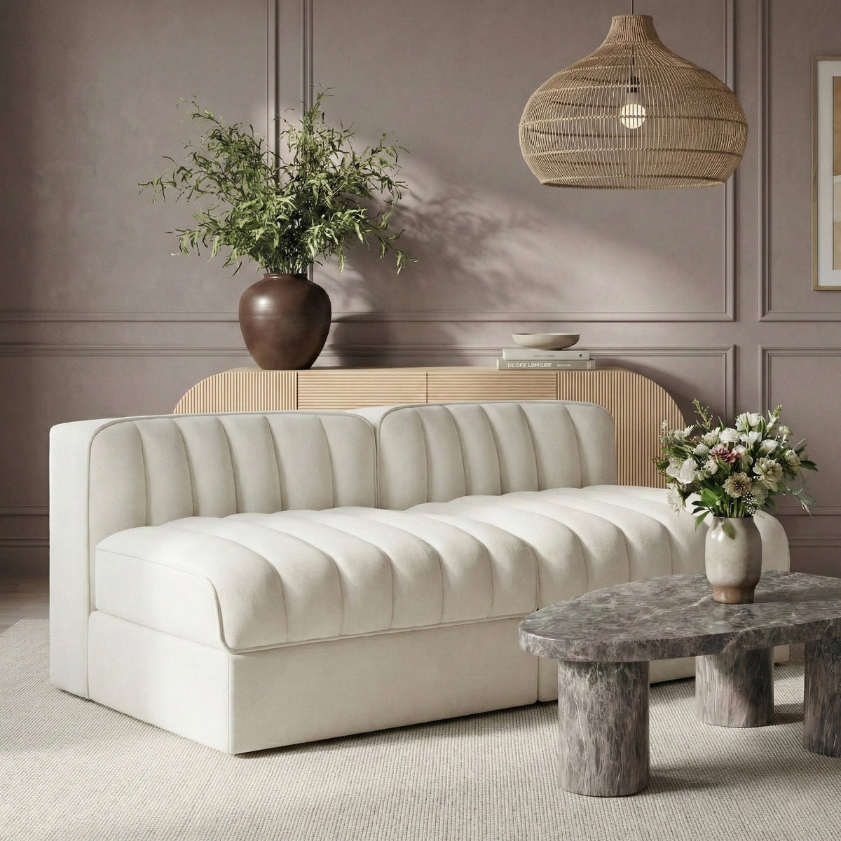 Rummi Cream Velvet Performance Fabric Upholstered 2 Piece Modular Loveseat