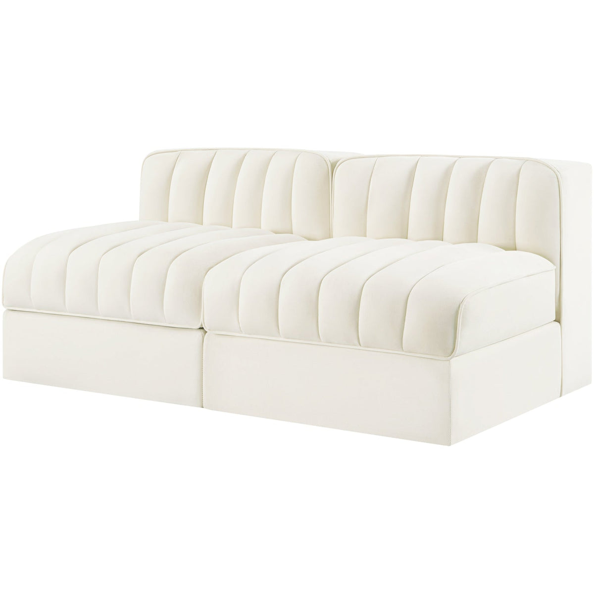 Rummi Cream Velvet Performance Fabric Upholstered 2 Piece Modular Loveseat
