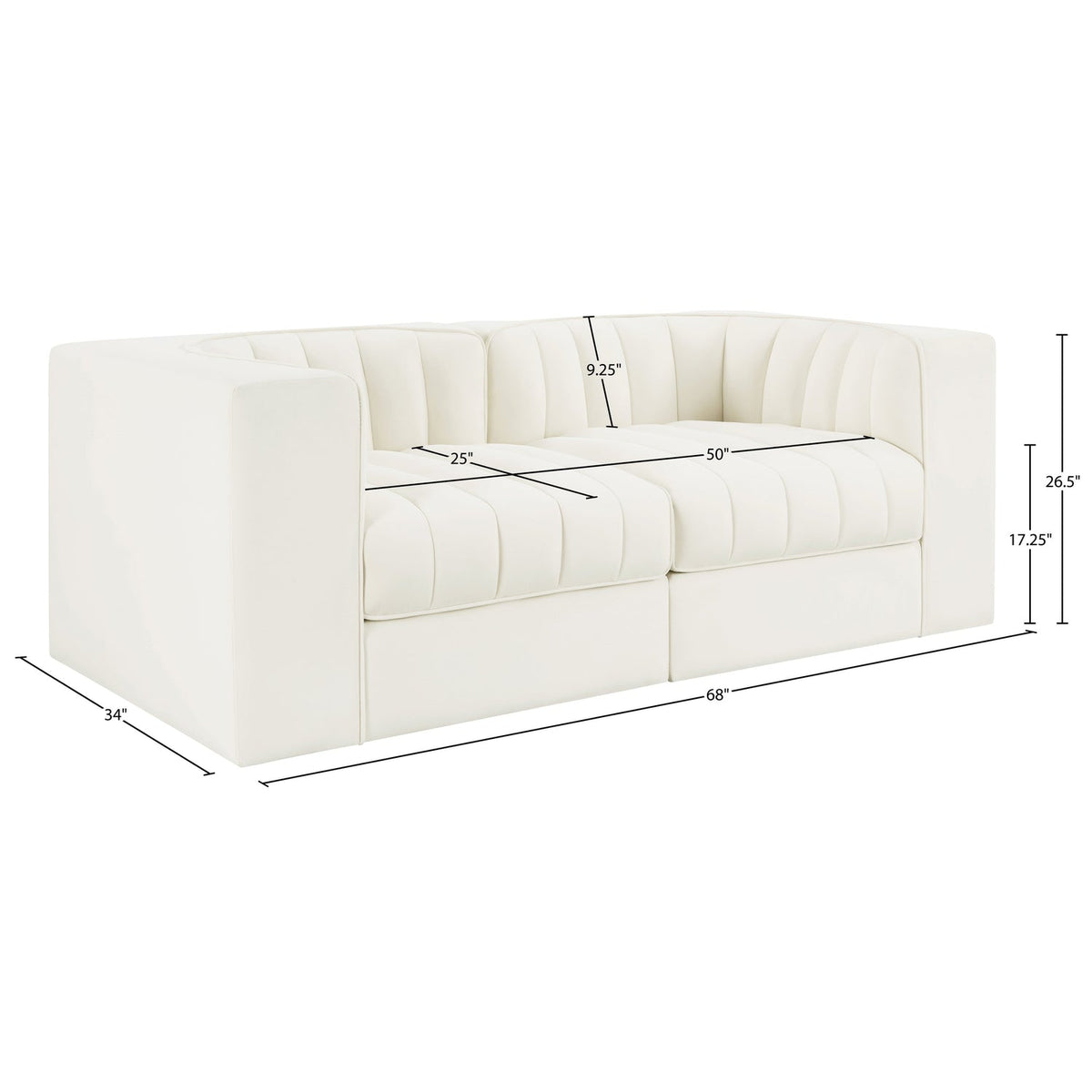 Rummi Cream Velvet Performance Fabric Upholstered 2 Piece Modular Loveseat