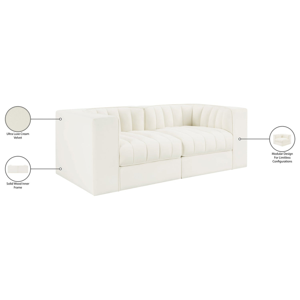 Rummi Cream Velvet Performance Fabric Upholstered 2 Piece Modular Loveseat