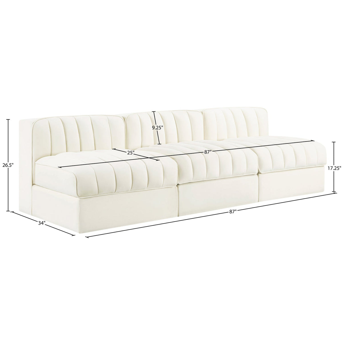 Rummi Cream Velvet Performance Fabric Upholstered 3 Piece Modular Sofa