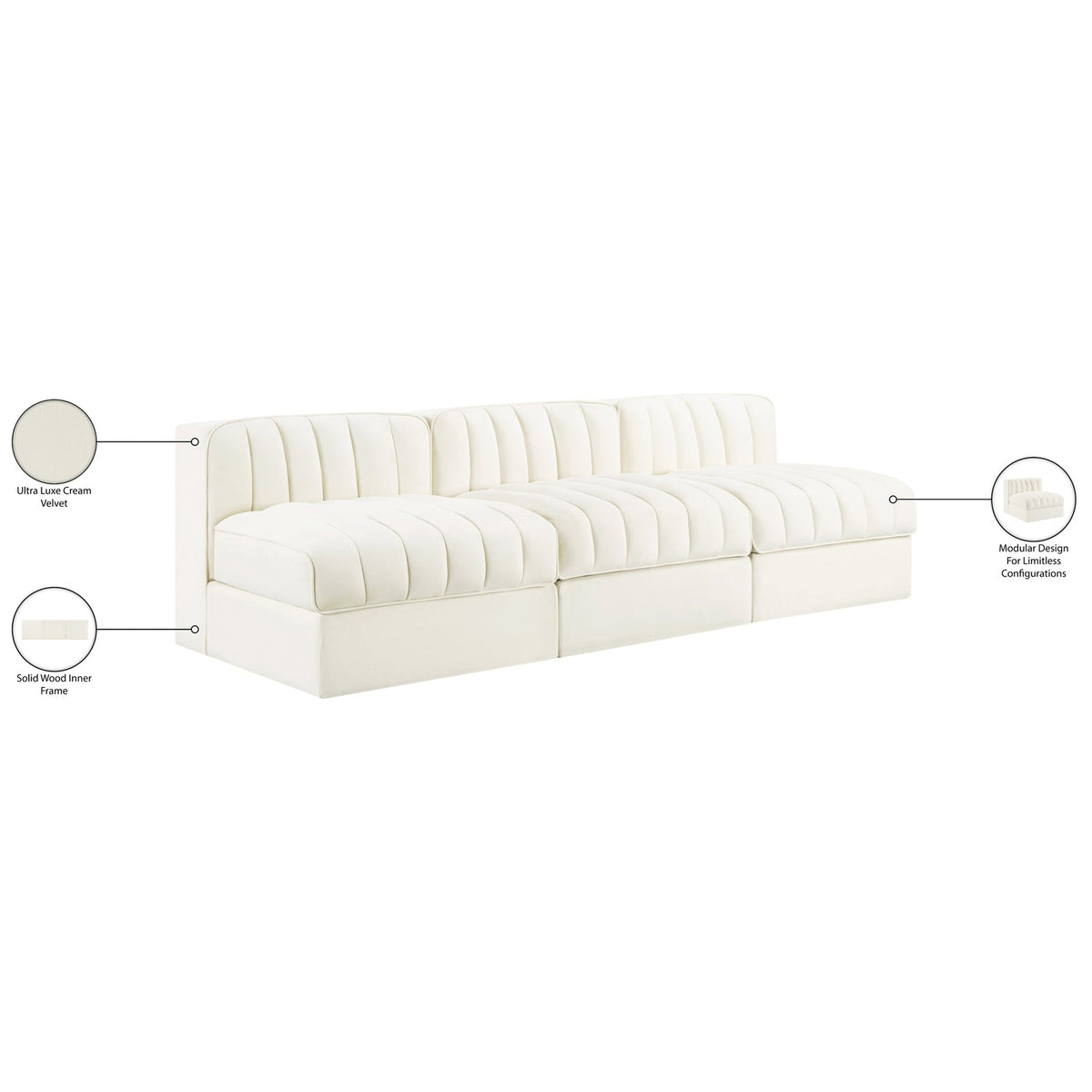 Rummi Cream Velvet Performance Fabric Upholstered 3 Piece Modular Sofa