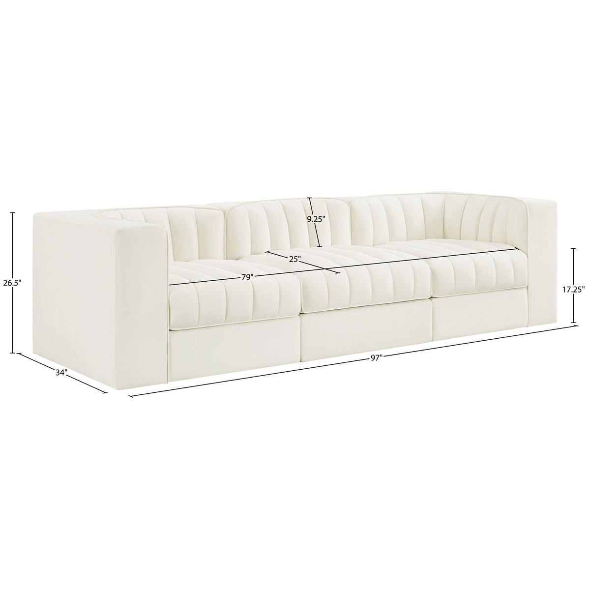 Rummi Cream Velvet Performance Fabric Upholstered 3 Piece Modular Sofa