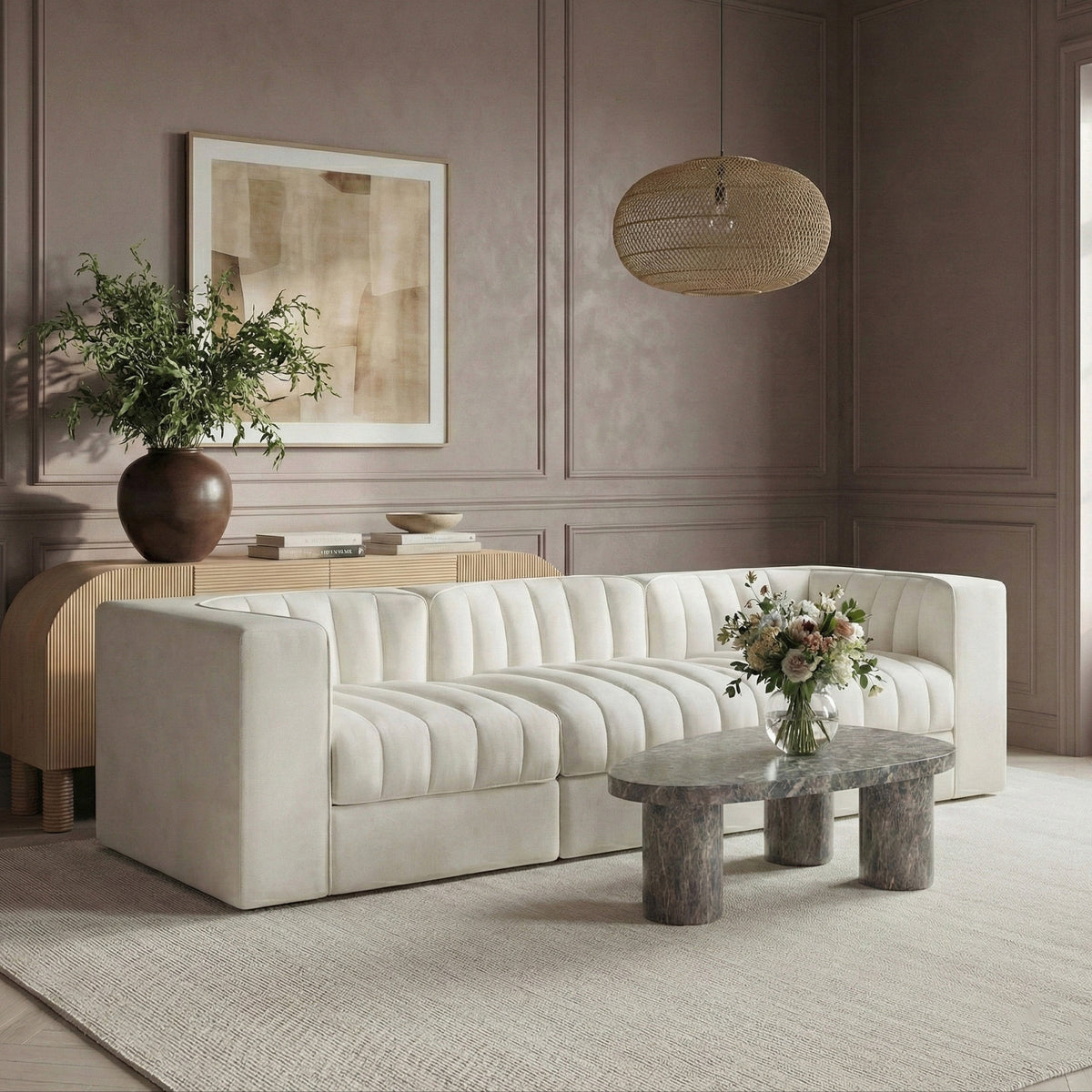Rummi Cream Velvet Performance Fabric Upholstered 3 Piece Modular Sofa