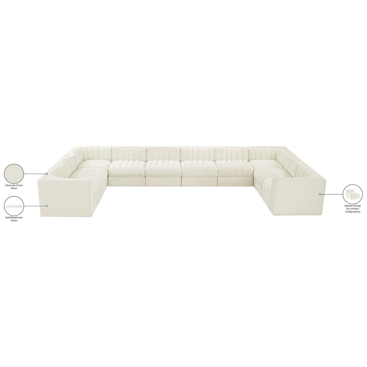 Rummi Cream Velvet Performance Fabric Upholstered 10 Piece Modular Sectional Sofa