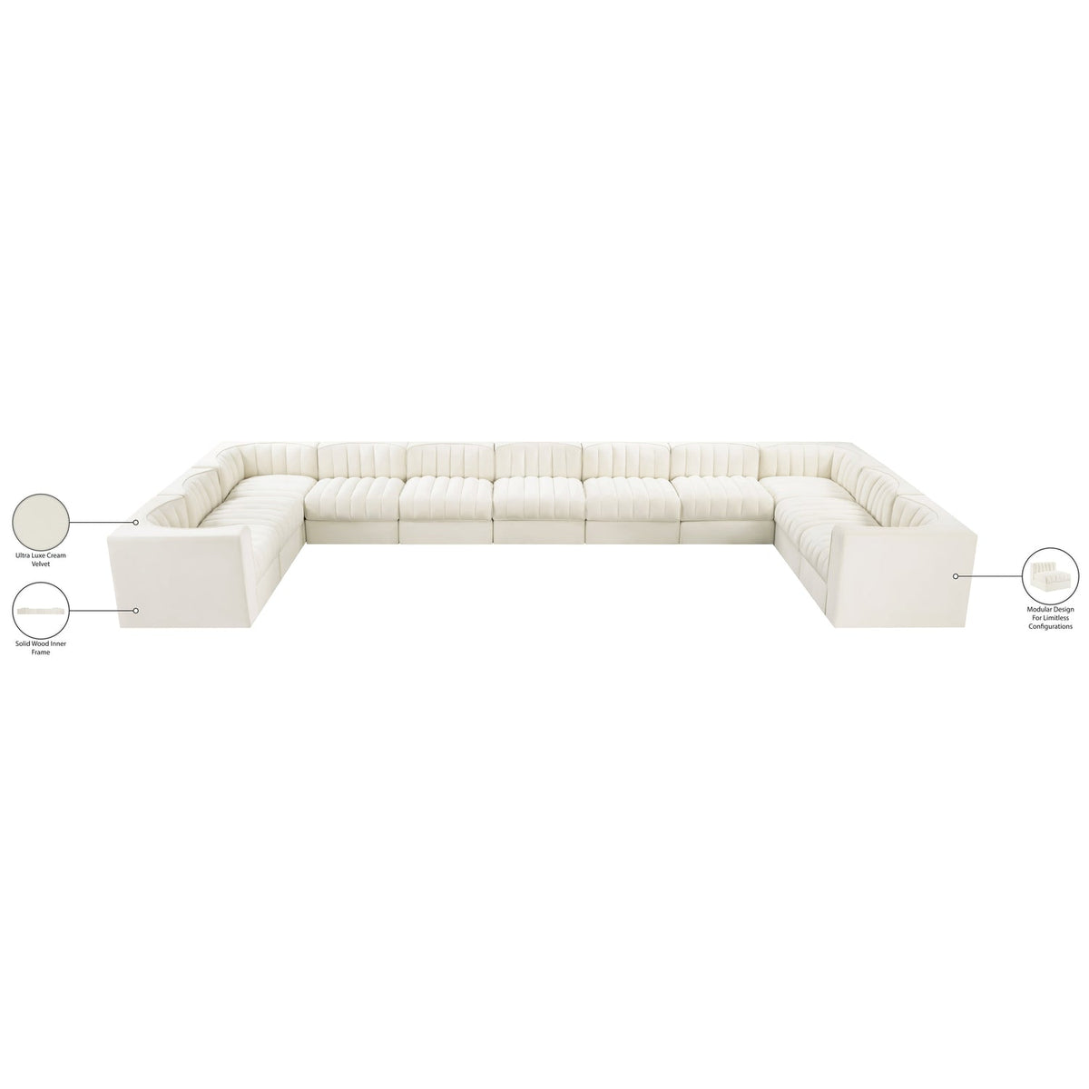 Rummi Cream Velvet Performance Fabric Upholstered 11 Piece Modular Sectional Sofa