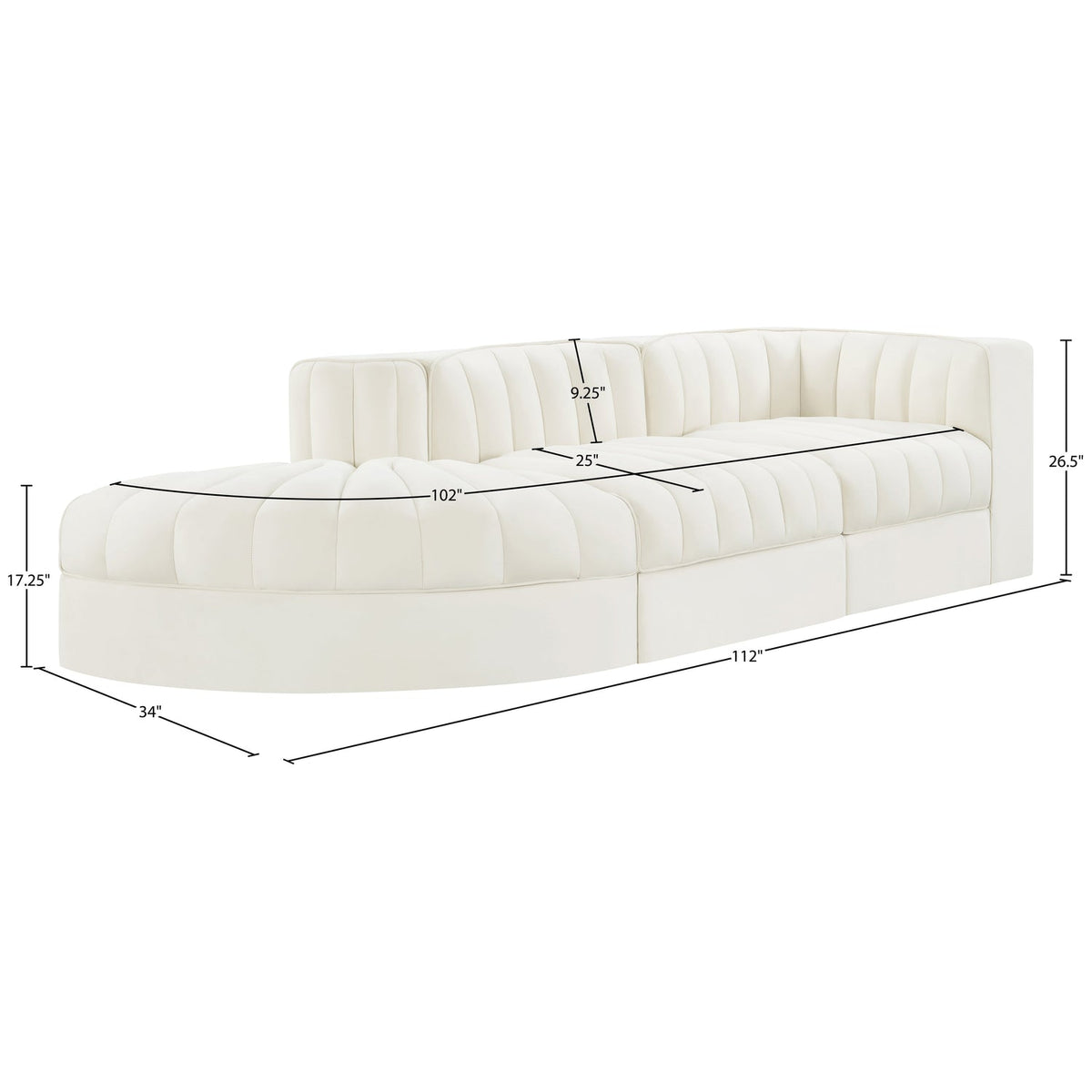Rummi Cream Velvet Performance Fabric Upholstered 3 Piece Modular Sectional Sofa