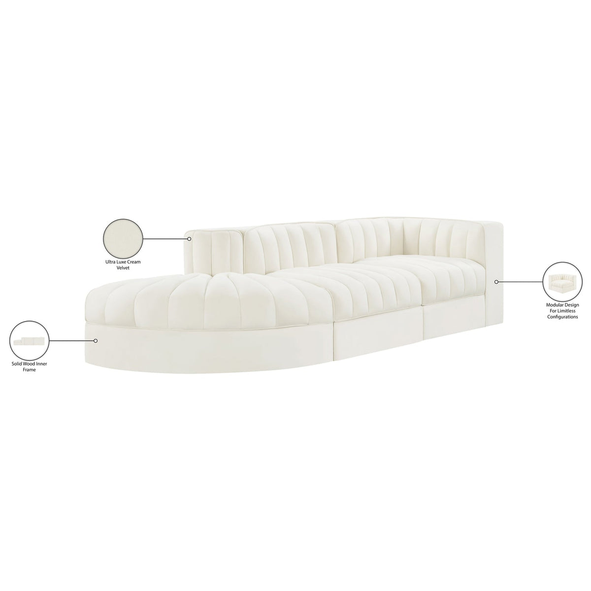 Rummi Cream Velvet Performance Fabric Upholstered 3 Piece Modular Sectional Sofa