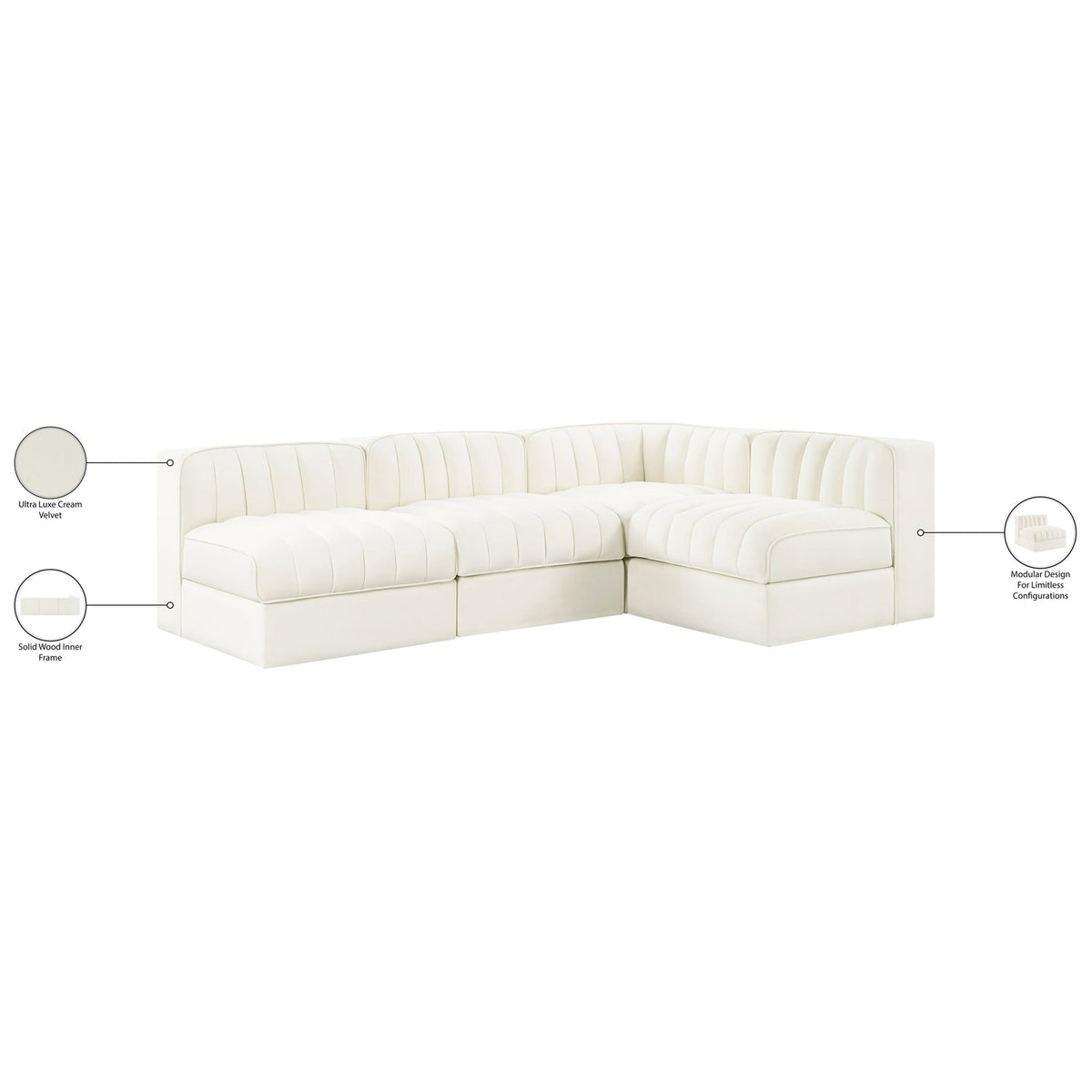 Rummi Cream Velvet Performance Fabric Upholstered 4 Piece Modular Sectional Sofa