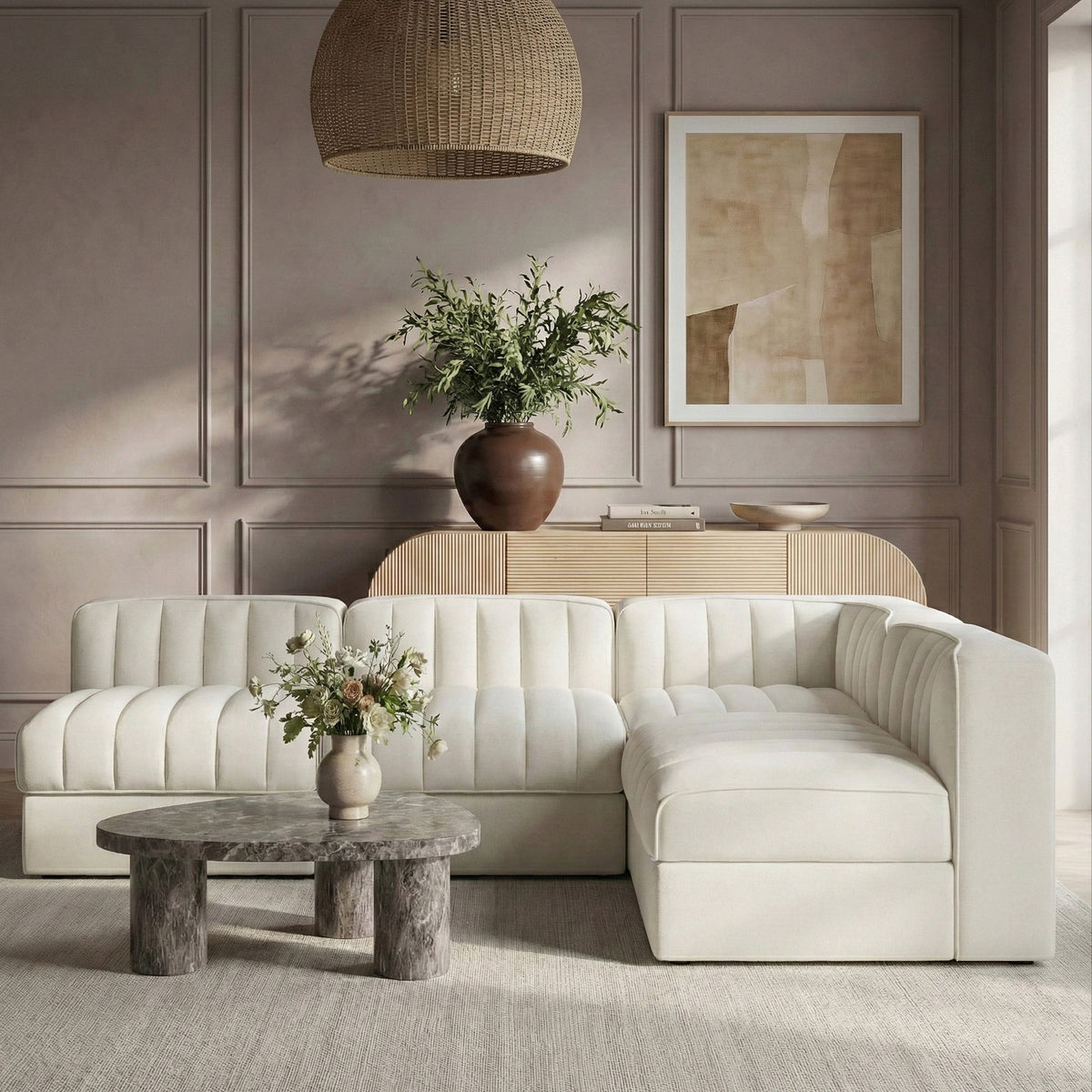 Rummi Cream Velvet Performance Fabric Upholstered 4 Piece Modular Sectional Sofa