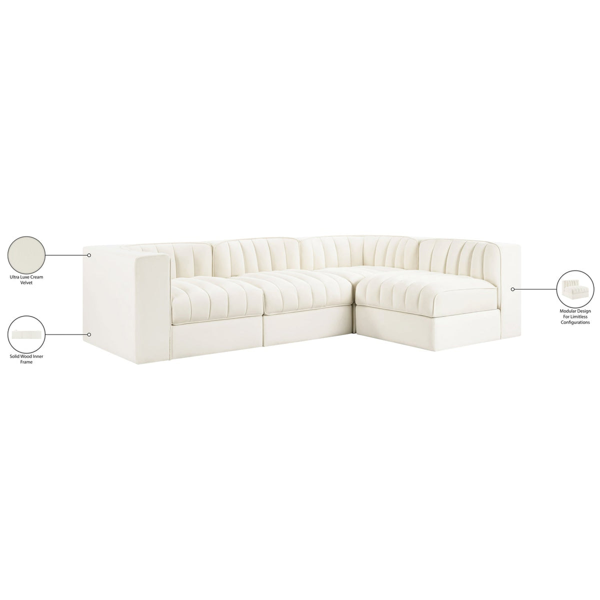Rummi Cream Velvet Performance Fabric Upholstered 4 Piece Modular Sectional Sofa