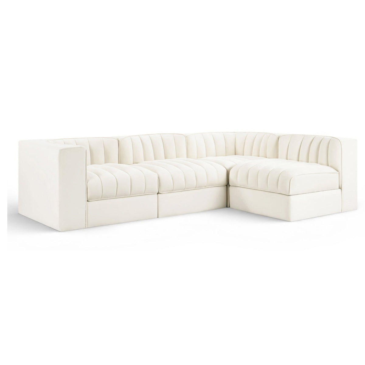 Rummi Cream Velvet Performance Fabric Upholstered 4pc. Modular Sectional in cream velvet, 97"W x 63"D, primary product view