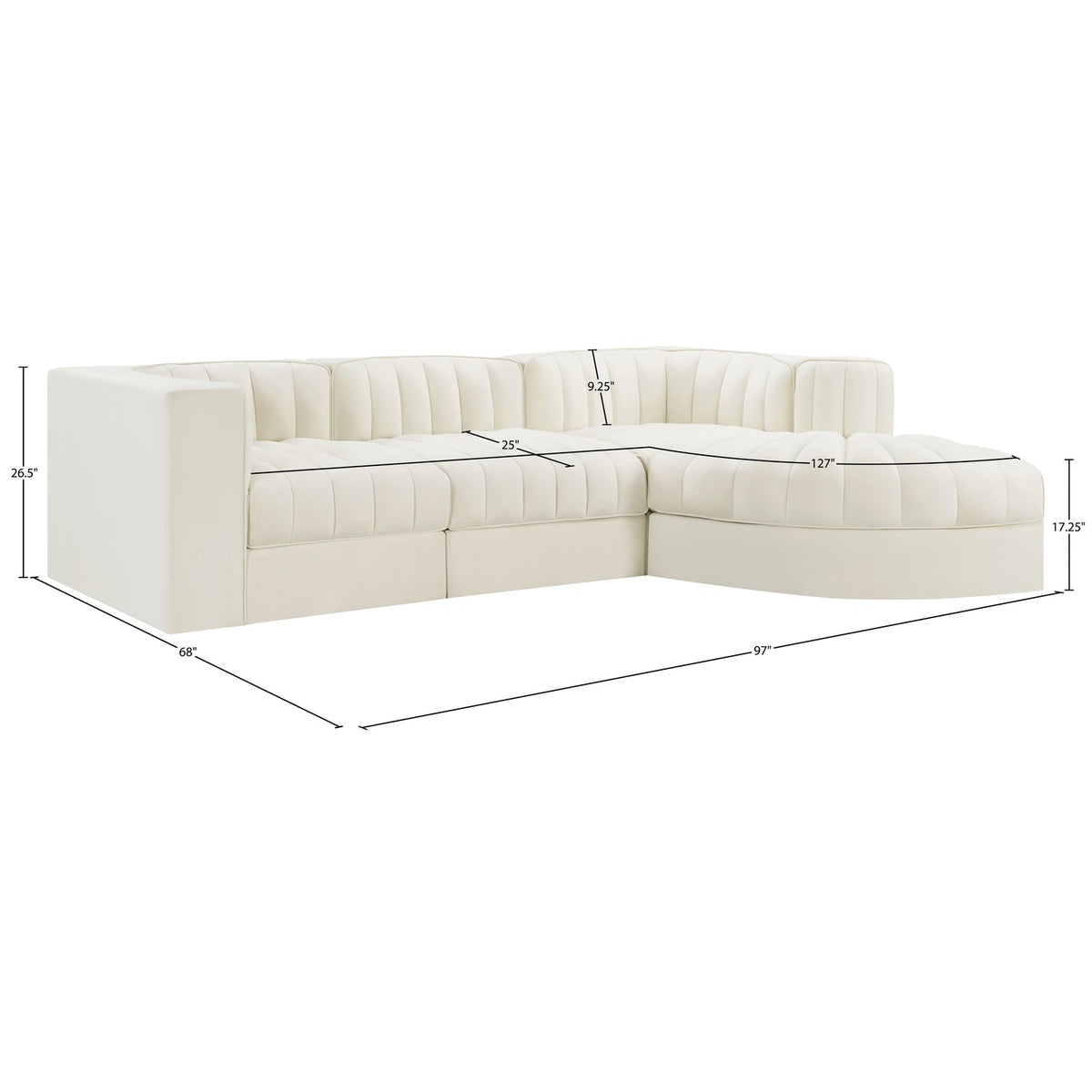 Rummi Cream Velvet Performance Fabric Upholstered 4 Piece Modular Sectional Sofa