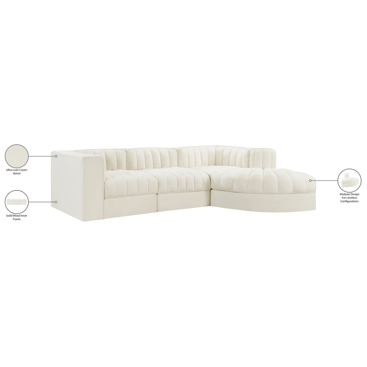 Rummi Cream Velvet Performance Fabric Upholstered 4 Piece Modular Sectional Sofa