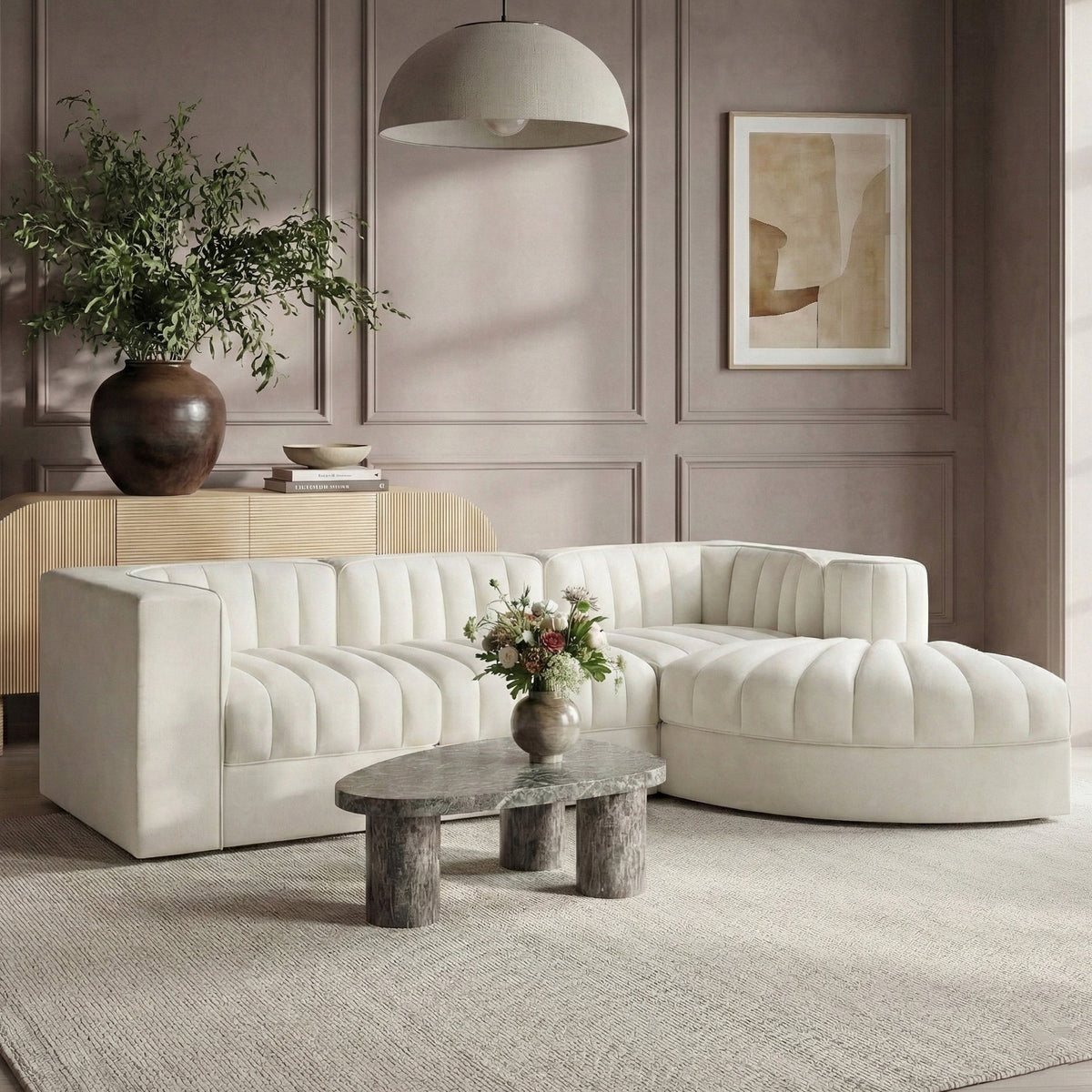 Rummi Cream Velvet Performance Fabric Upholstered 4 Piece Modular Sectional Sofa