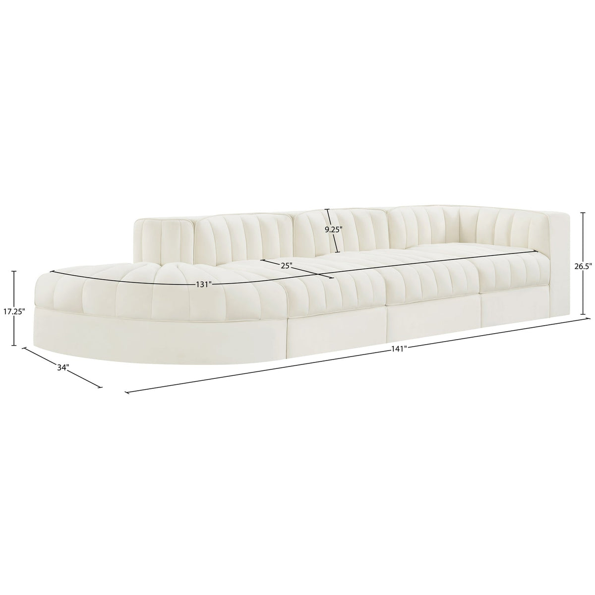 Rummi Cream Velvet Performance Fabric Upholstered 4 Piece Modular Sectional Sofa