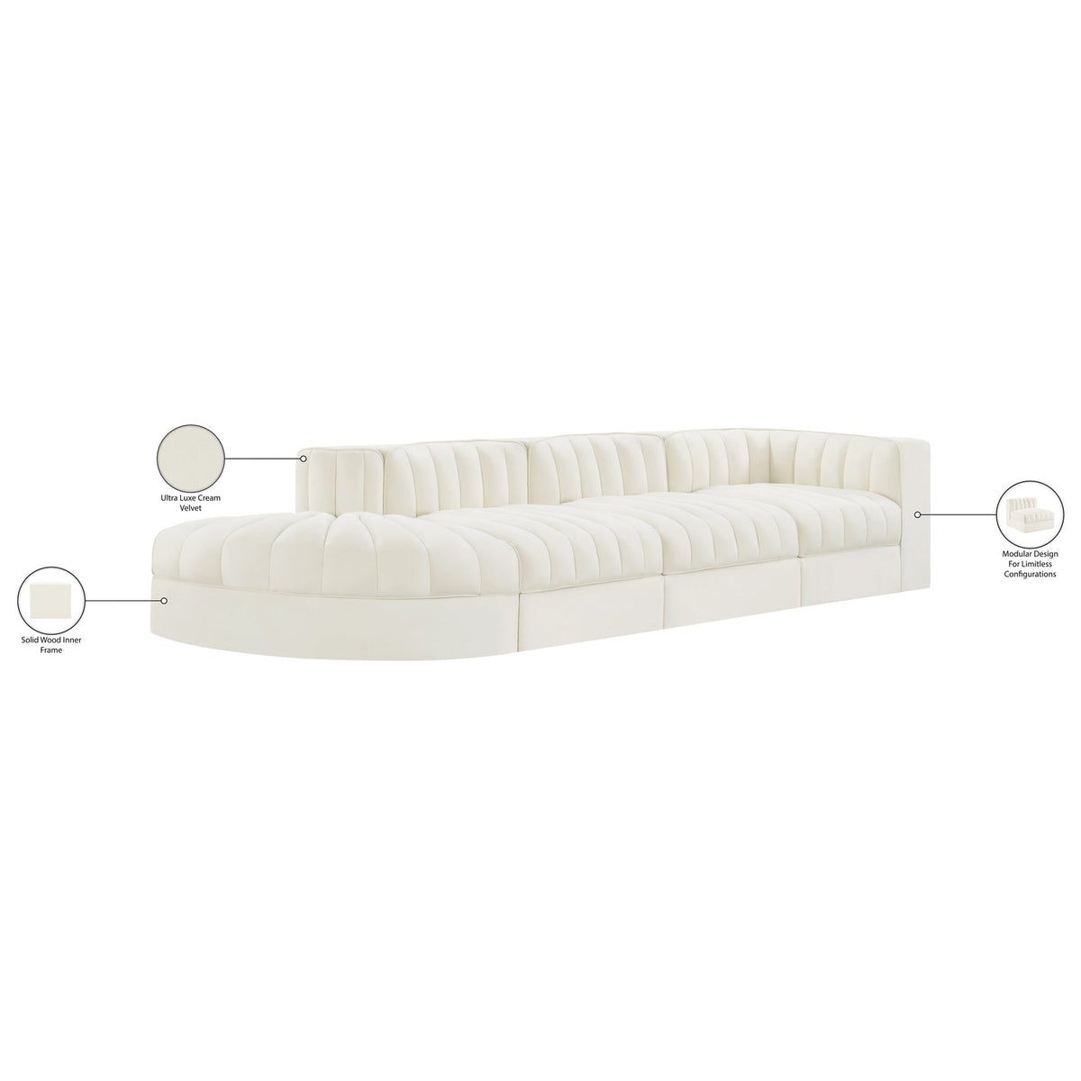 Rummi Cream Velvet Performance Fabric Upholstered 4 Piece Modular Sectional Sofa