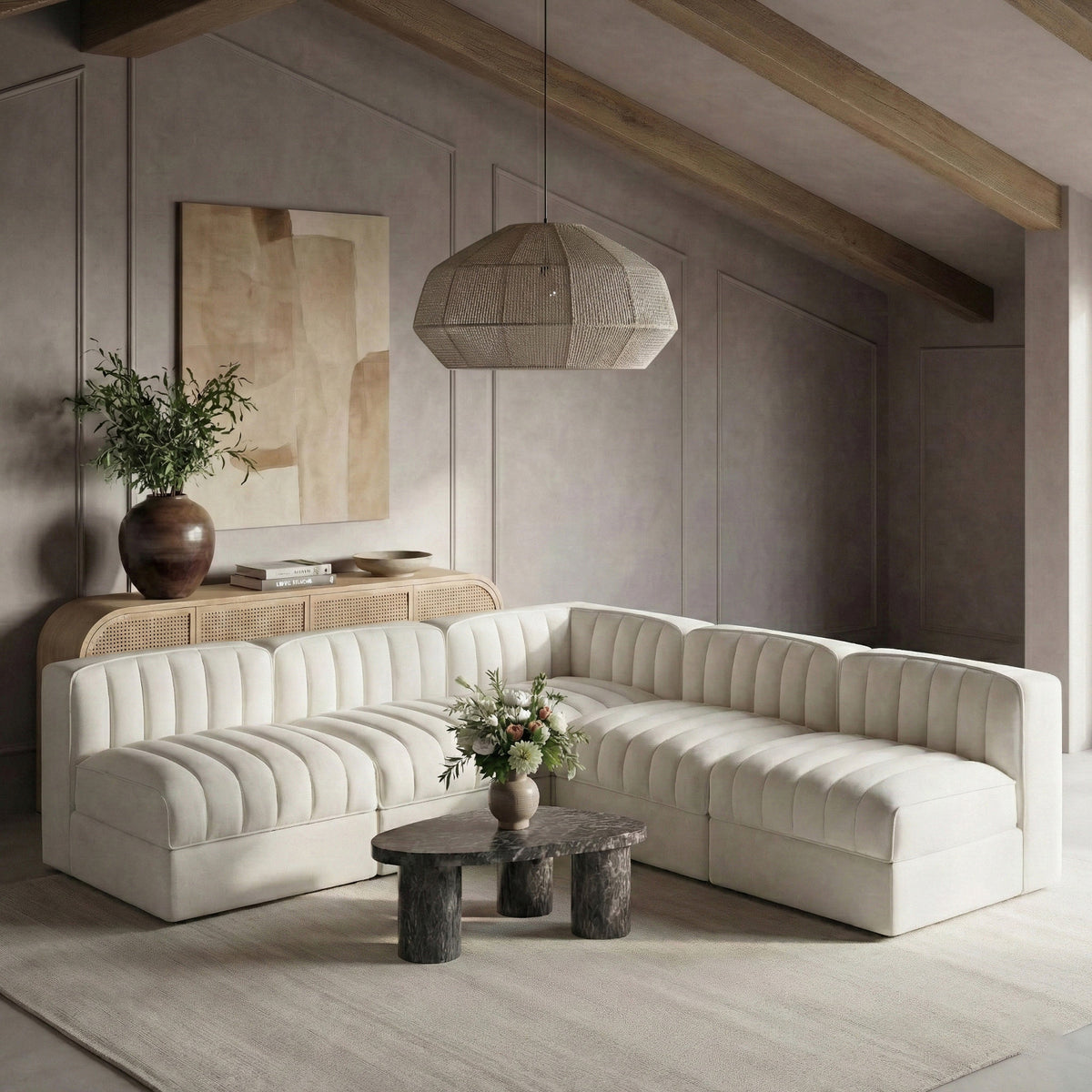 Rummi Cream Velvet Performance Fabric Upholstered 5 Piece Modular Sectional Sofa