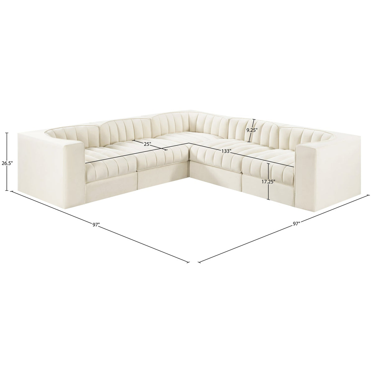 Rummi Cream Velvet Performance Fabric Upholstered 5 Piece Modular Sectional Sofa