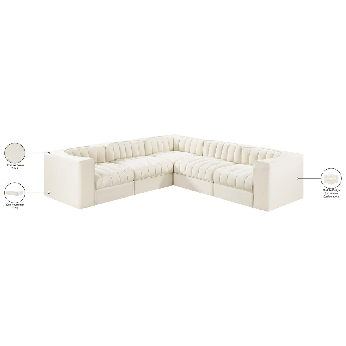 Rummi Cream Velvet Performance Fabric Upholstered 5 Piece Modular Sectional Sofa
