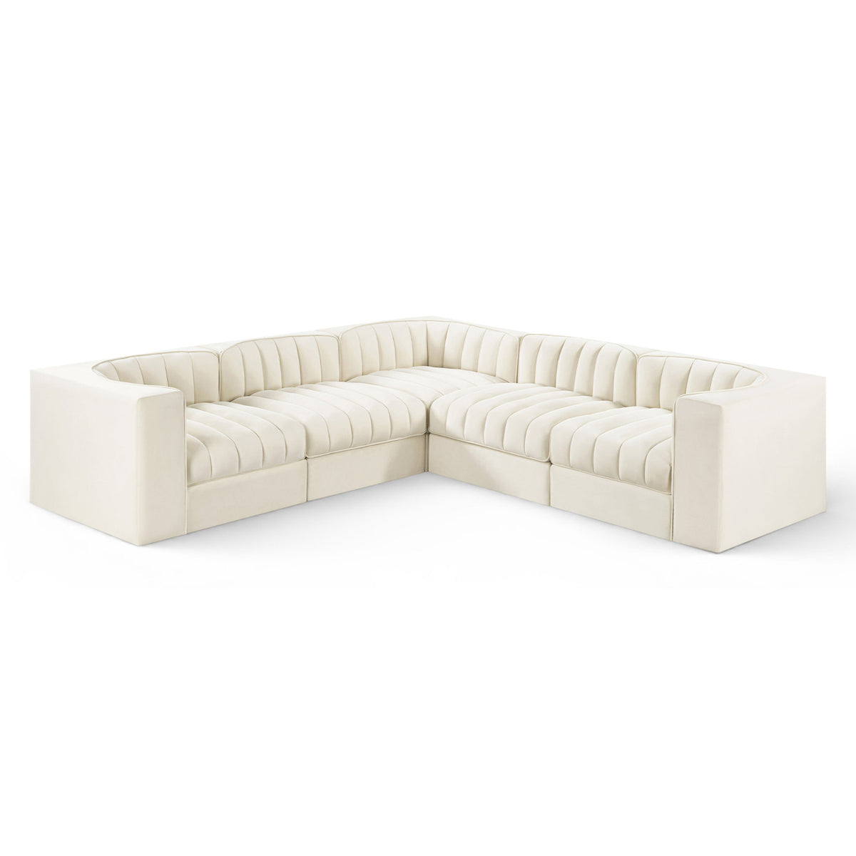 Rummi Cream Velvet Performance Fabric Upholstered 5pc. Modular Sectional in cream velvet, 97"W x 97"D, primary product view
