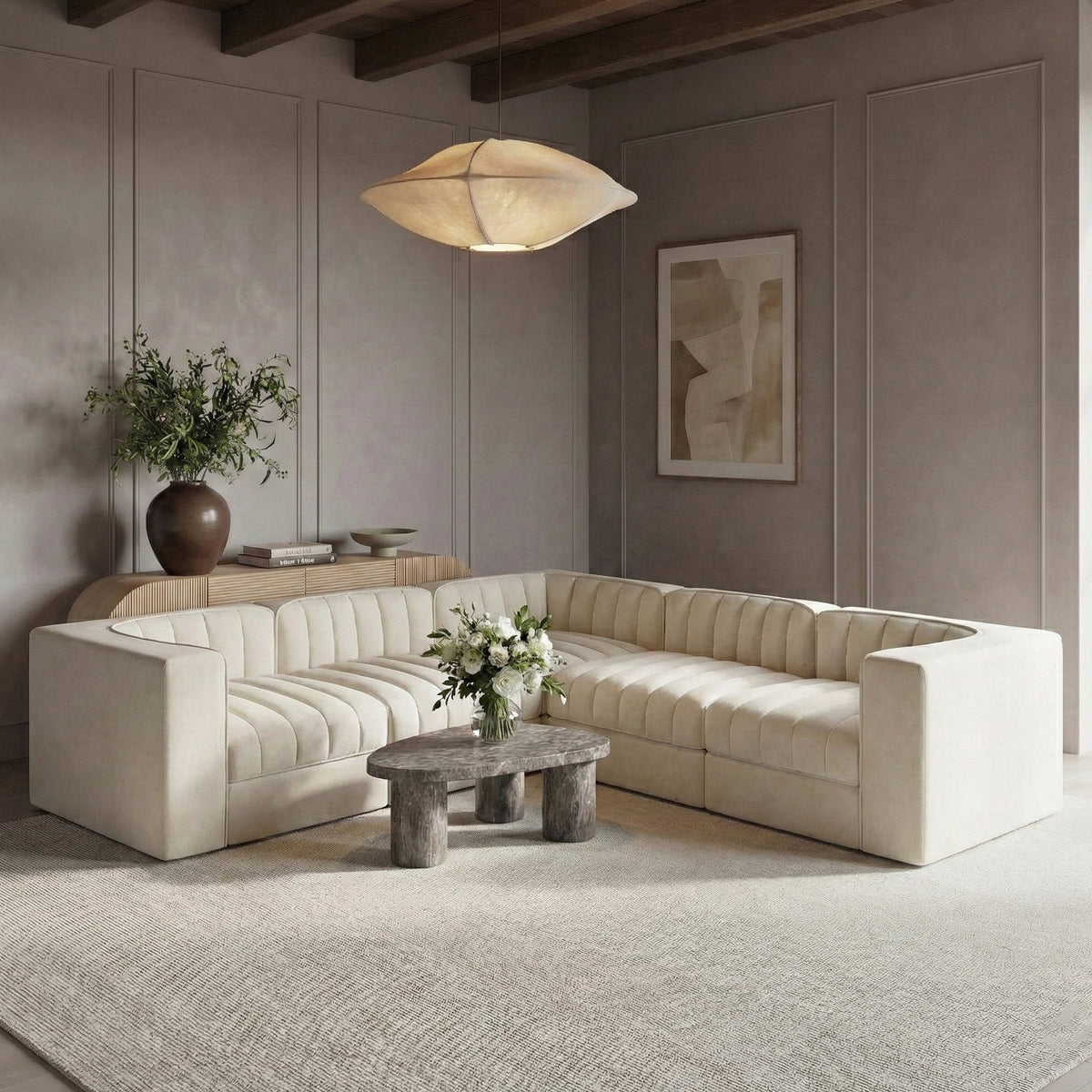 Rummi Cream Velvet Performance Fabric Upholstered 5 Piece Modular Sectional Sofa