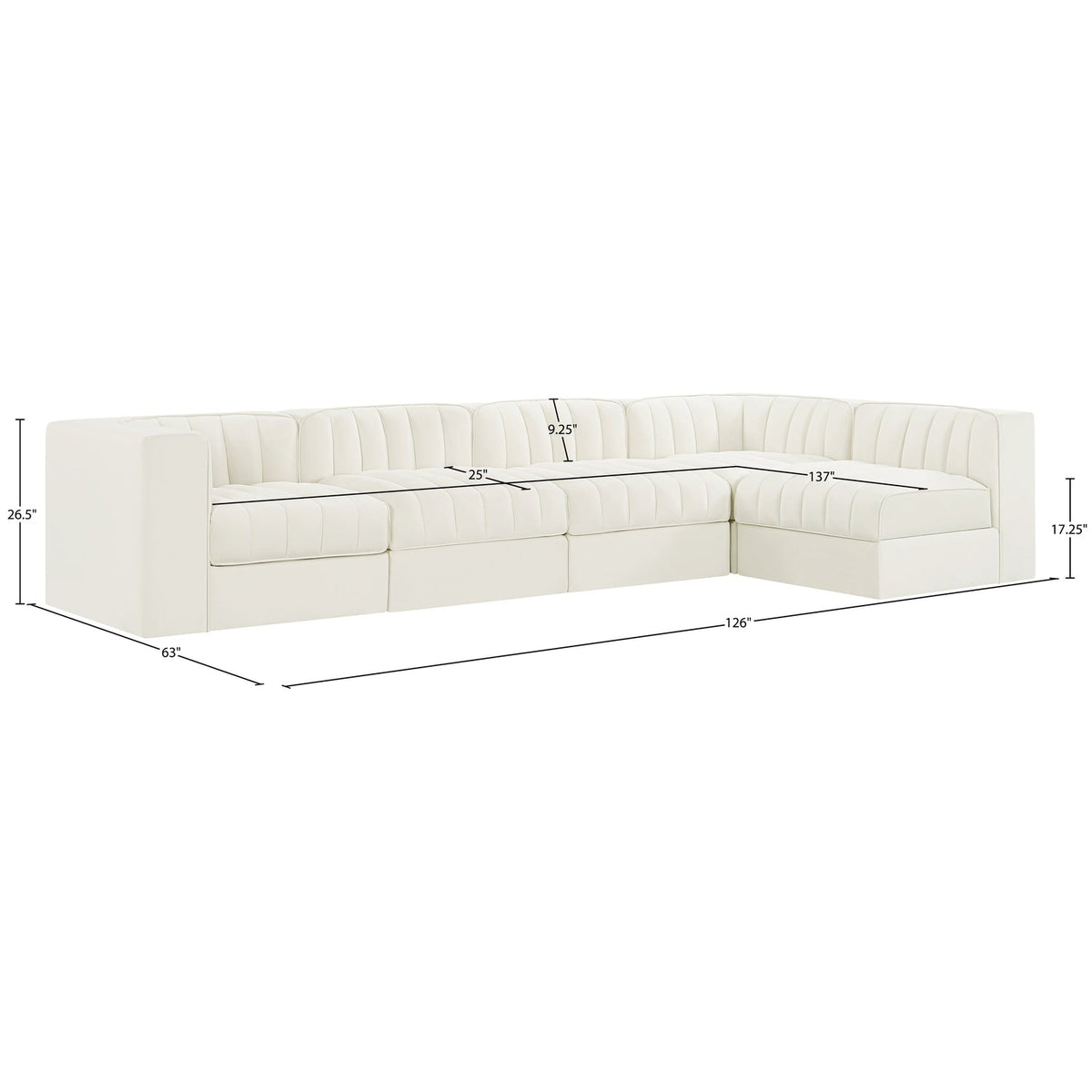 Rummi Cream Velvet Performance Fabric Upholstered 5 Piece Modular Sectional Sofa