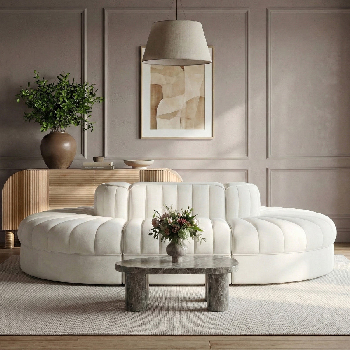 Rummi Cream Velvet Performance Fabric Upholstered 6 Piece Modular Sectional Sofa