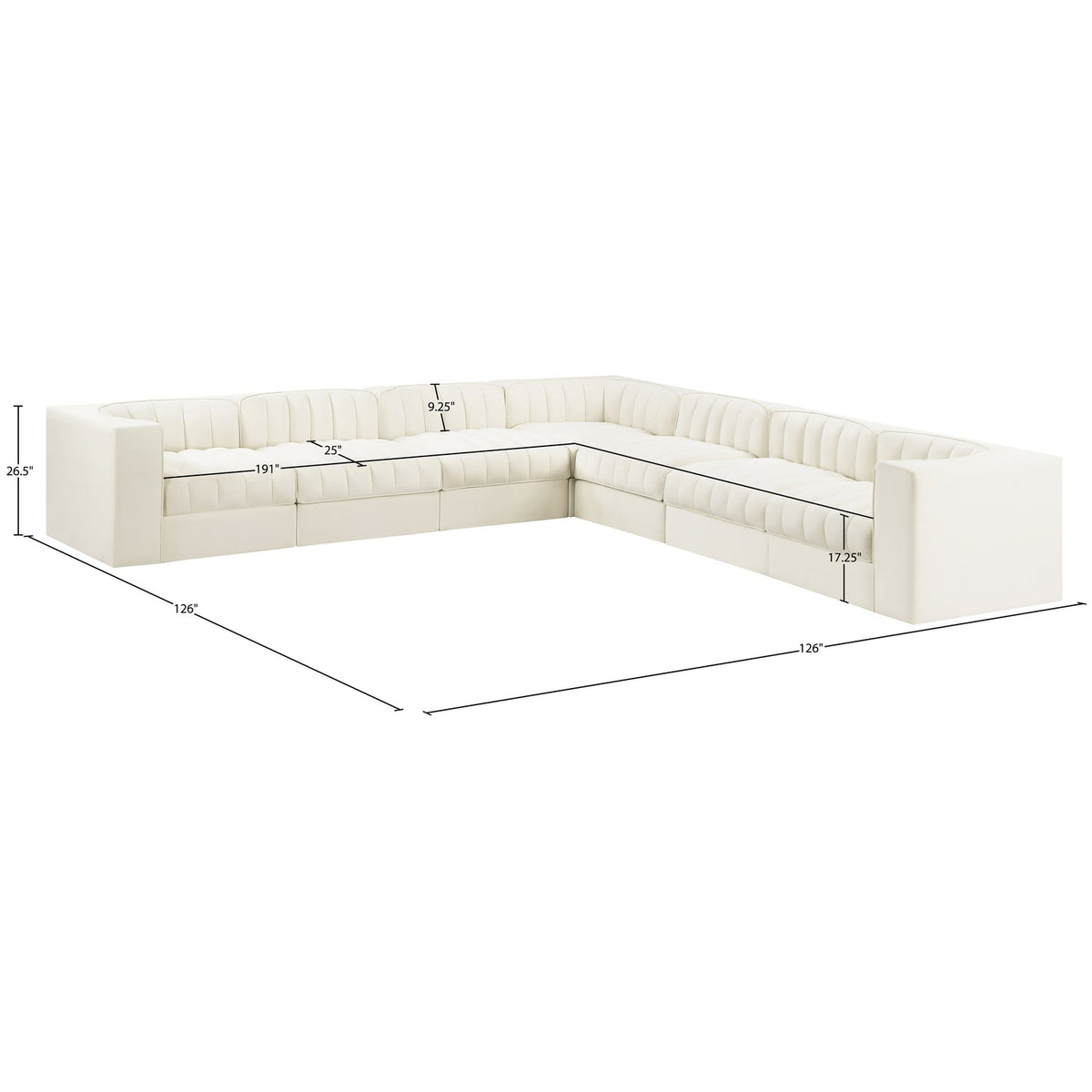 Rummi Cream Velvet Performance Fabric Upholstered 7 Piece Modular Sectional Sofa