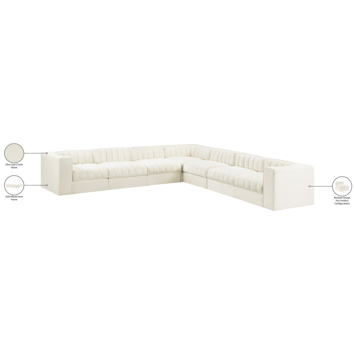 Rummi Cream Velvet Performance Fabric Upholstered 7 Piece Modular Sectional Sofa