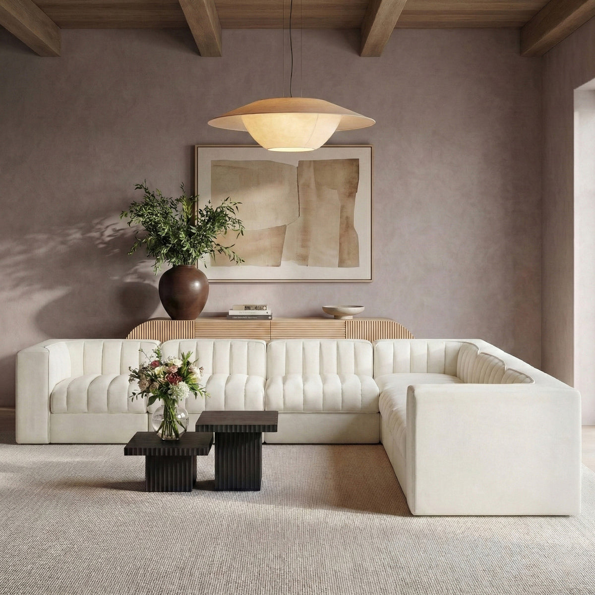 Rummi Cream Velvet Performance Fabric Upholstered 7 Piece Modular Sectional Sofa