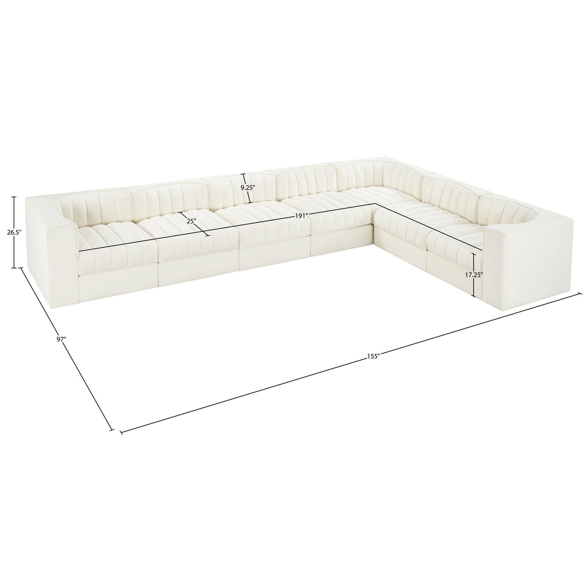 Rummi Cream Velvet Performance Fabric Upholstered 7 Piece Modular Sectional Sofa
